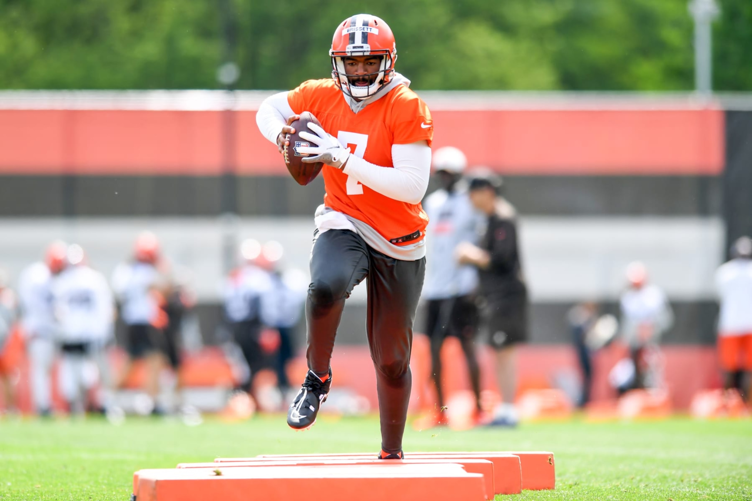 BEREA, OH - JUNE 08: Jacoby Brissett #7 of the Cleveland Browns runs a drill during the Cleveland Browns offseason workout at CrossCountry Mortgage Campus on June 8, 2022 in Berea, Ohio. (Photo by Nick Cammett/Diamond Images via Getty Images)