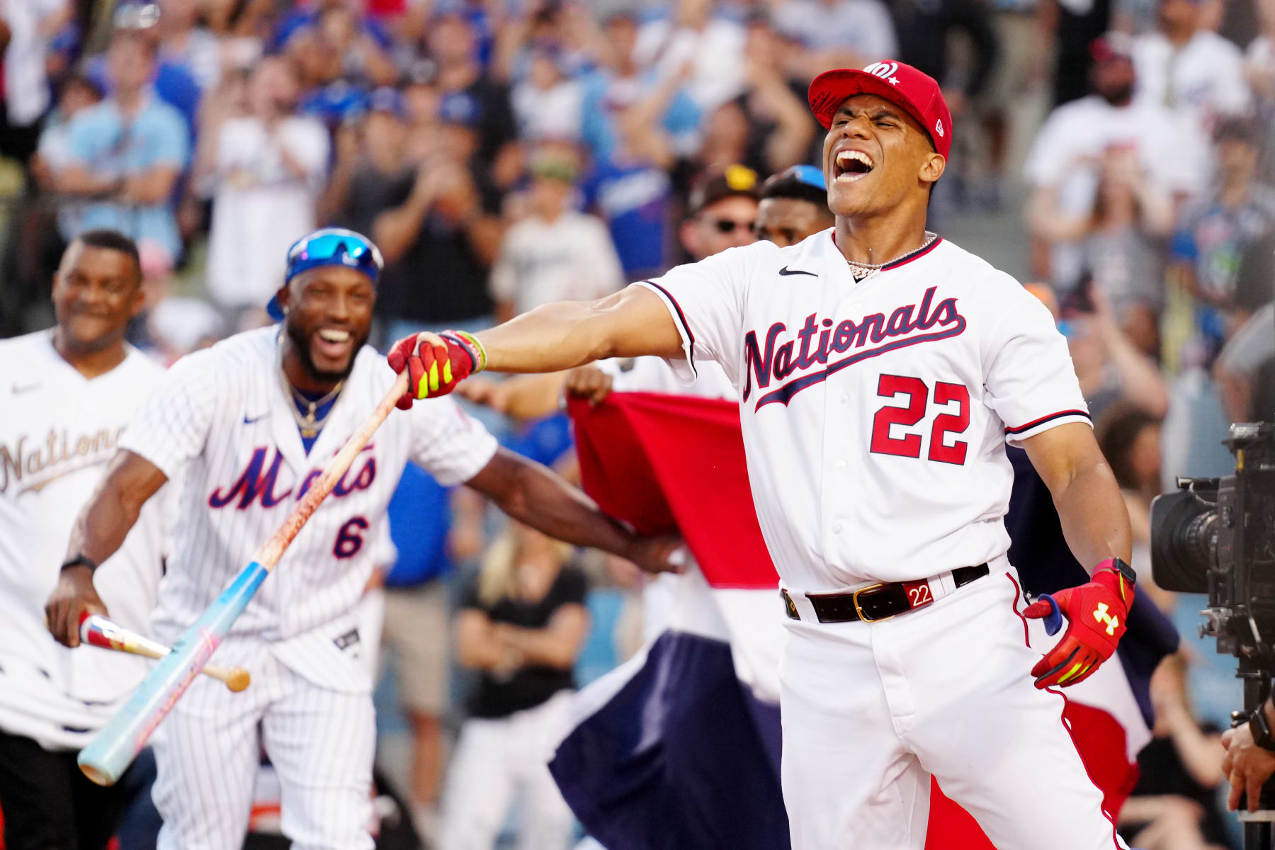 LOS ANGELES, CA - JULY 18:  Juan Soto #22 of the Washington Nationals reacts to winning the T-Mobile Home Run Derby at Dodger Stadium on Monday, July 18, 2022 in Los Angeles, California. (Photo by Daniel Shirey/MLB Photos via Getty Images)