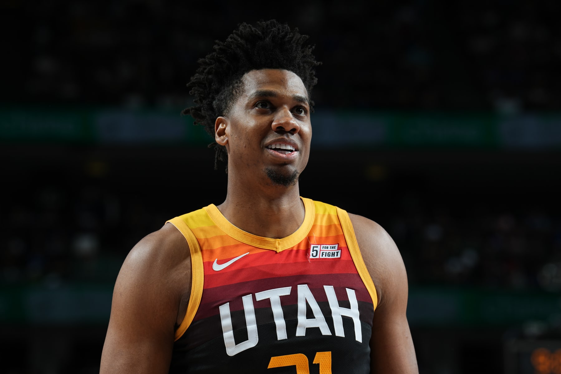 DALLAS, TX - APRIL 18: Hassan Whiteside #21 of the Utah Jazz smiles during the game against the Dallas Mavericks during Round 1 Game 2 of the NBA Playoffs on April 18, 2022 at the American Airlines Center in Dallas, Texas. NOTE TO USER: User expressly acknowledges and agrees that, by downloading and or using this photograph, User is consenting to the terms and conditions of the Getty Images License Agreement. Mandatory Copyright Notice: Copyright 2022 NBAE (Photo by Glenn James/NBAE via Getty Images)