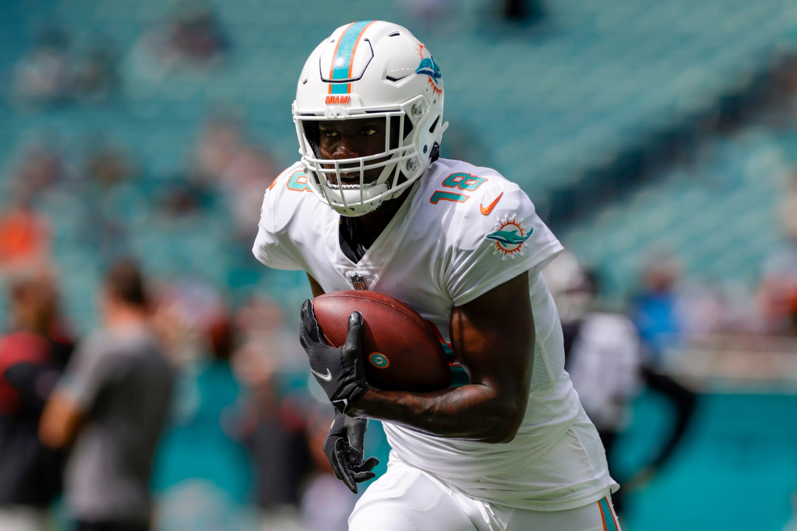 MIAMI GARDENS, FL - OCTOBER 24: Miami Dolphins wide receiver Preston Williams (18) during the game between the Atlanta Falcons and the Miami Dolphins on October 24, 2021 at Hard Rock Stadium in Miami Gardens, Fl. (Photo by David Rosenblum/Icon Sportswire via Getty Images)
