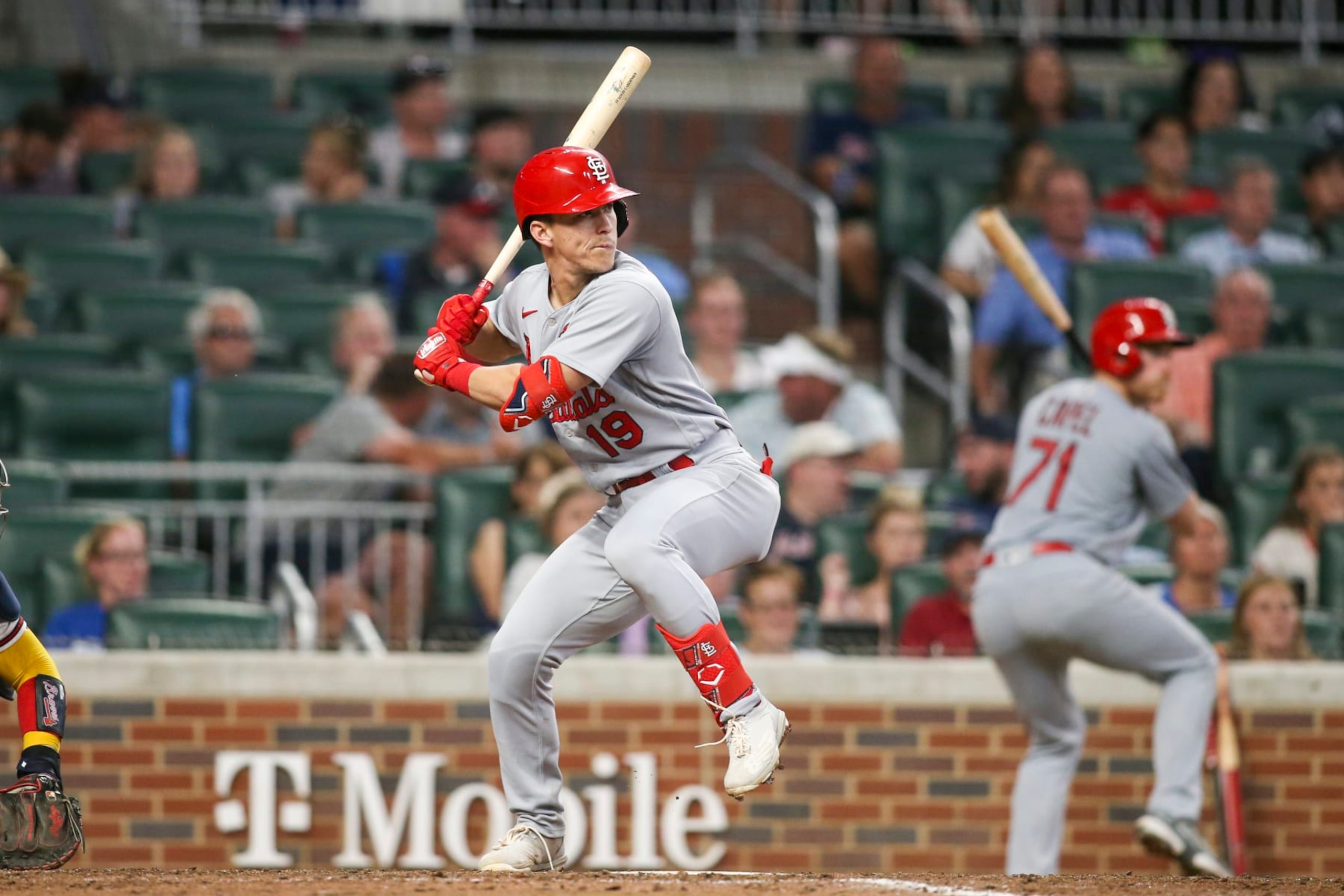 ATLANTA, GA - JULY 05: Tommy Edman #19 of the St. Louis Cardinals bats against the Atlanta Braves in the eighth inning at Truist Park on July 5, 2022 in Atlanta, Georgia. (Photo by Brett Davis/Getty Images) ATLANTA, GA - JULY 05: Tommy Edman #19 of the St. Louis Cardinals bats against the Atlanta Braves in the eighth inning at Truist Park on July 5, 2022 in Atlanta, Georgia. (Photo by Brett Davis/Getty Images)