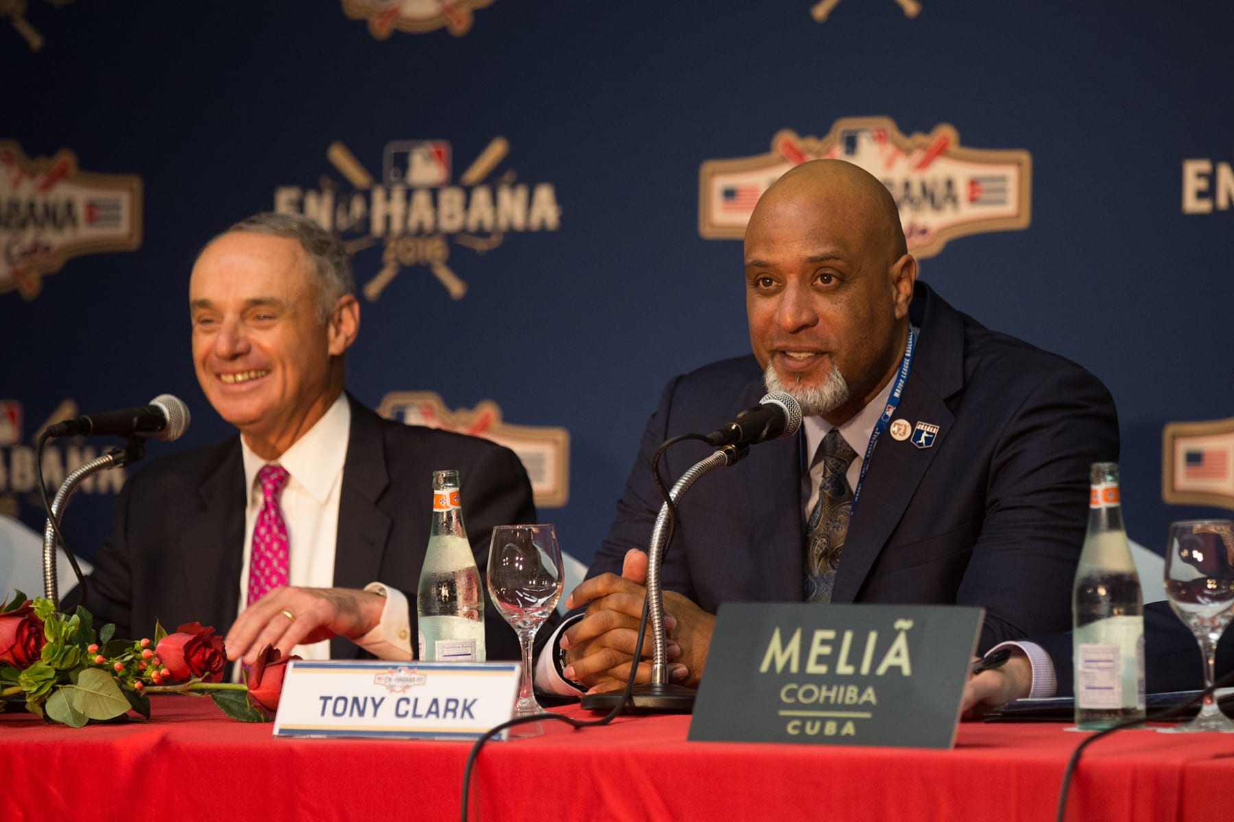 HAVANA - MARCH 21: Major League Baseball Commissioner Robert D. Manfred Jr. and Major League Baseball Players Association Executive Director Tony Clark are seen during a press conference on Monday, March 21, 2016 at Melia Cohiba Hotel in Havana, Cuba. (Photo by Rob Tringali/MLB via Getty Images) HAVANA - MARCH 21: Major League Baseball Commissioner Robert D. Manfred Jr. and Major League Baseball Players Association Executive Director Tony Clark are seen during a press conference on Monday, March 21, 2016 at Melia Cohiba Hotel in Havana, Cuba. (Photo by Rob Tringali/MLB via Getty Images)