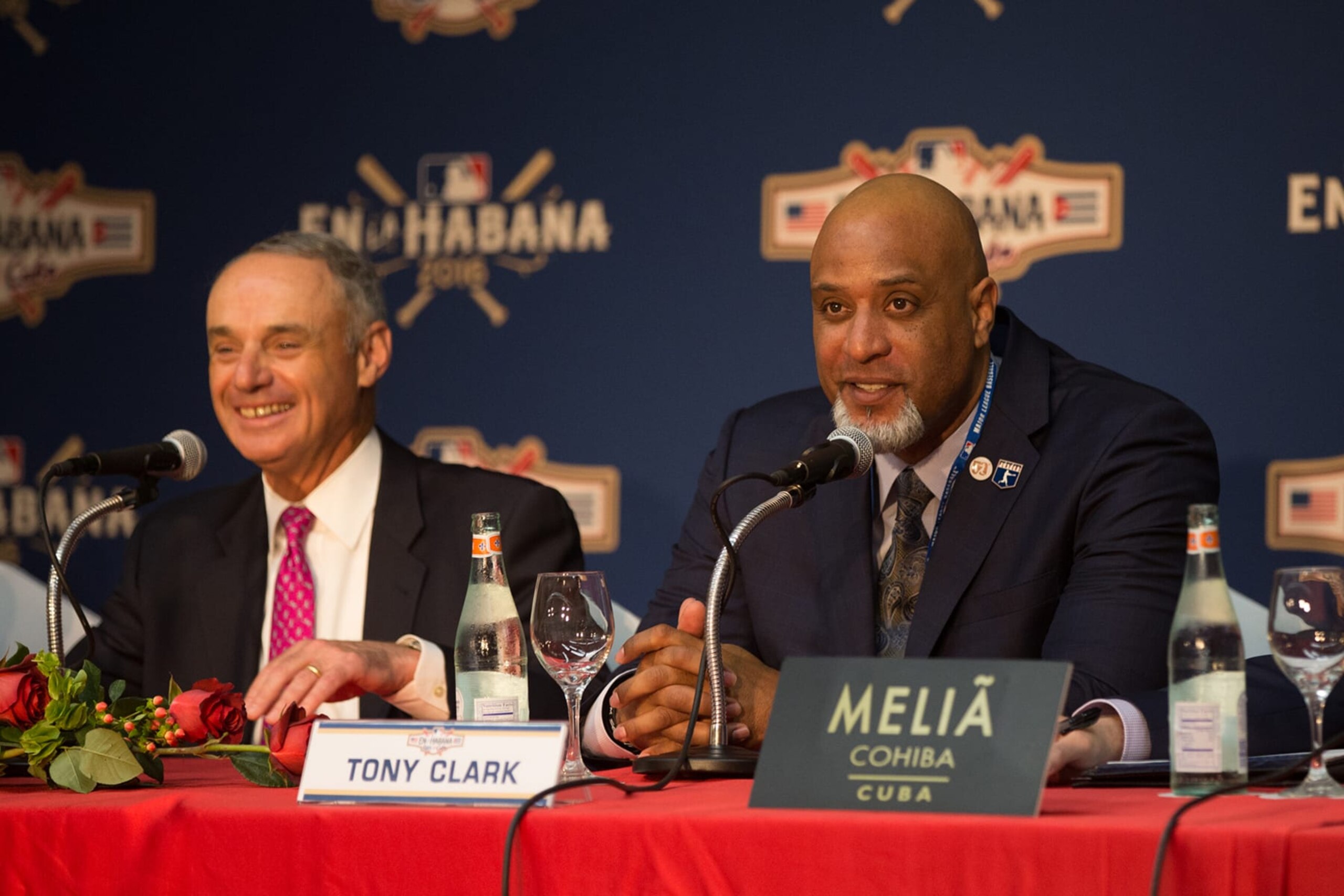 HAVANA - MARCH 21: Major League Baseball Commissioner Robert D. Manfred Jr. and Major League Baseball Players Association Executive Director Tony Clark are seen during a press conference on Monday, March 21, 2016 at Melia Cohiba Hotel in Havana, Cuba. (Photo by Rob Tringali/MLB via Getty Images) HAVANA - MARCH 21: Major League Baseball Commissioner Robert D. Manfred Jr. and Major League Baseball Players Association Executive Director Tony Clark are seen during a press conference on Monday, March 21, 2016 at Melia Cohiba Hotel in Havana, Cuba. (Photo by Rob Tringali/MLB via Getty Images)