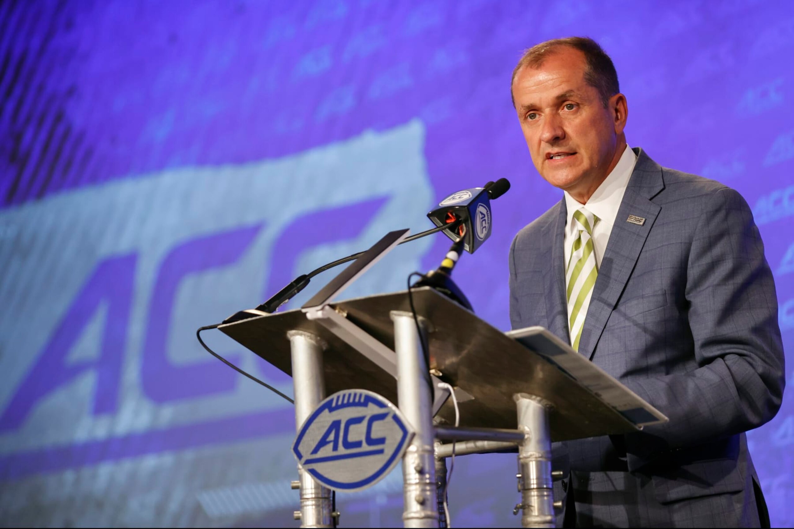 Atlantic Coast Conference commissioner Jim Phillips speaks during an NCAA college football news conference at the ACC media days in Charlotte, N.C., Wednesday, July 20, 2022. (AP Photo/Nell Redmond)