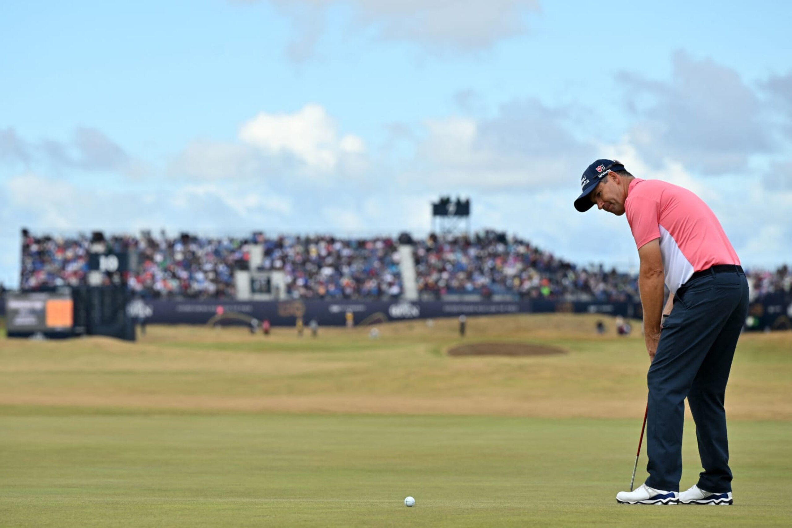 Ireland's Padraig Harrington putts on the 9th green during his second round on the day 2 of The 150th British Open Golf Championship on The Old Course at St Andrews in Scotland on July 15, 2022. - RESTRICTED TO EDITORIAL USE (Photo by Glyn KIRK / AFP) / RESTRICTED TO EDITORIAL USE (Photo by GLYN KIRK/AFP via Getty Images) Ireland's Padraig Harrington putts on the 9th green during his second round on the day 2 of The 150th British Open Golf Championship on The Old Course at St Andrews in Scotland on July 15, 2022. - RESTRICTED TO EDITORIAL USE (Photo by Glyn KIRK / AFP) / RESTRICTED TO EDITORIAL USE (Photo by GLYN KIRK/AFP via Getty Images)