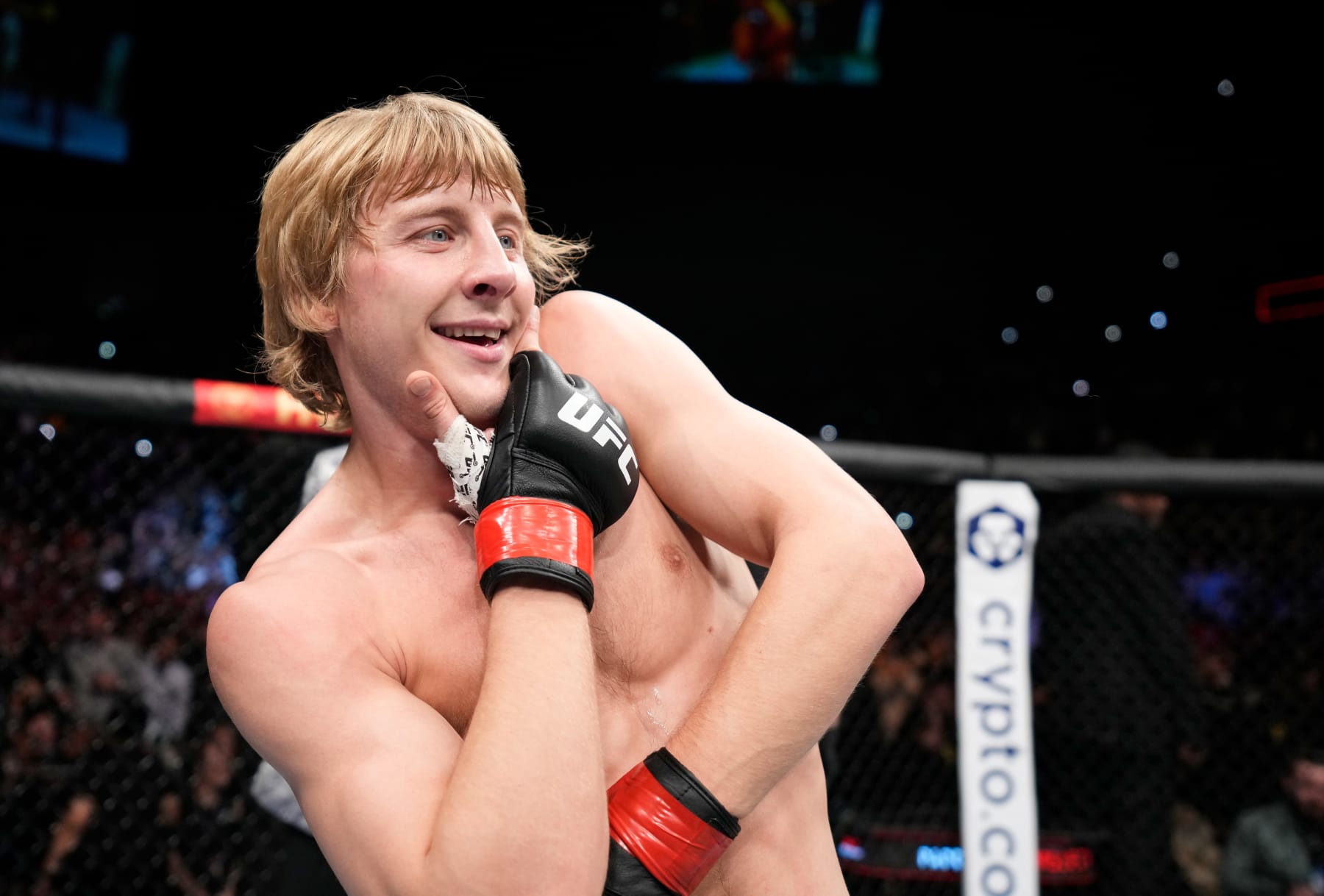 LONDON, ENGLAND - MARCH 19:  Paddy Pimblett of England celebrates his submission victory over Kazula Vargas of Mexico in a lightweight fight during the UFC Fight Night event at O2 Arena on March 19, 2022 in London, England. (Photo by Chris Unger/Zuffa LLC)