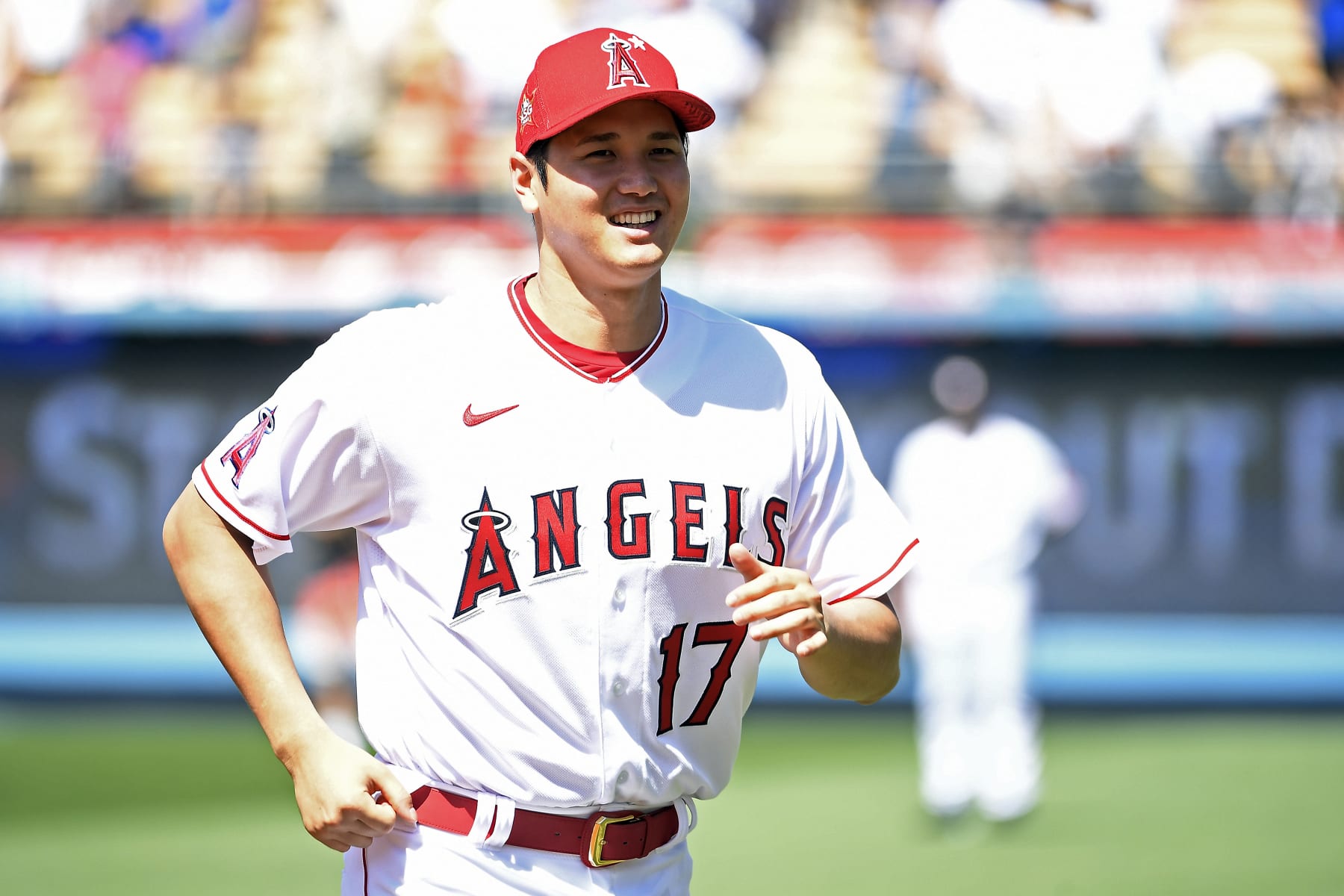 LOS ANGELES, CALIFORNIA - JULY 18: American League All-Star Shohei Ohtani #17 of the Los Angeles Angels looks on during the 2022 Gatorade All-Star Workout Day at Dodger Stadium on July 18, 2022 in Los Angeles, California. (Photo by Kevork Djansezian/Getty Images)