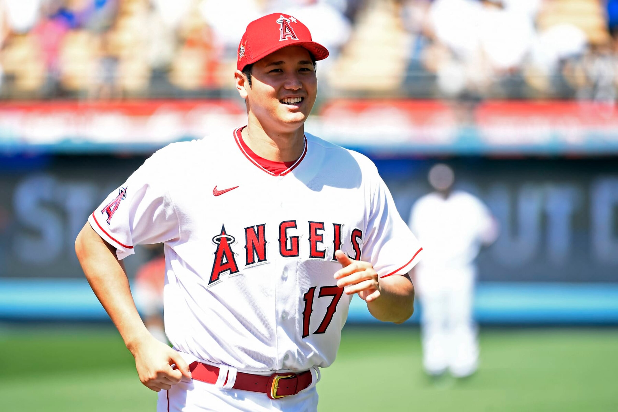 LOS ANGELES, CALIFORNIA - JULY 18: American League All-Star Shohei Ohtani #17 of the Los Angeles Angels looks on during the 2022 Gatorade All-Star Workout Day at Dodger Stadium on July 18, 2022 in Los Angeles, California. (Photo by Kevork Djansezian/Getty Images)