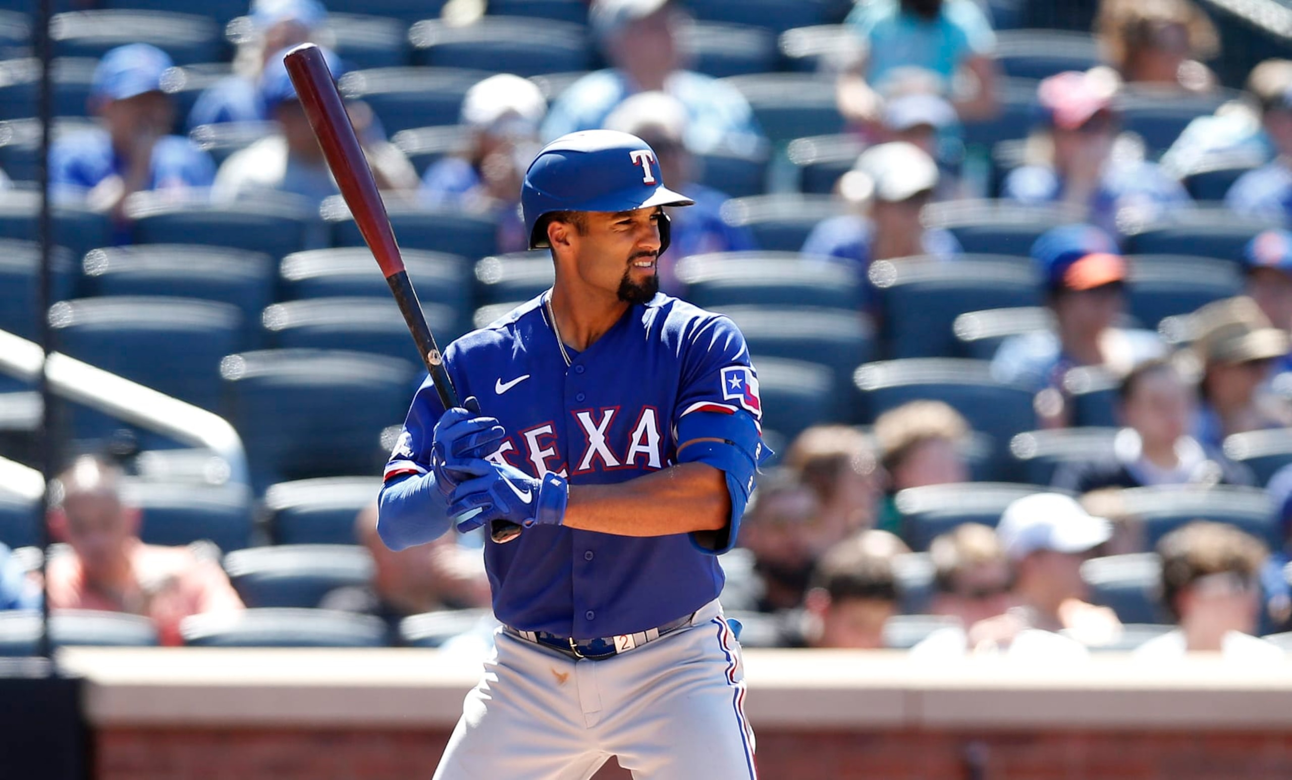 NEW YORK, NEW YORK - JULY 03:  Marcus Semien #2 of the Texas Rangers in action against the New York Mets at Citi Field on July 03, 2022 in New York City. The Mets defeated the Rangers 4-1. (Photo by Jim McIsaac/Getty Images)