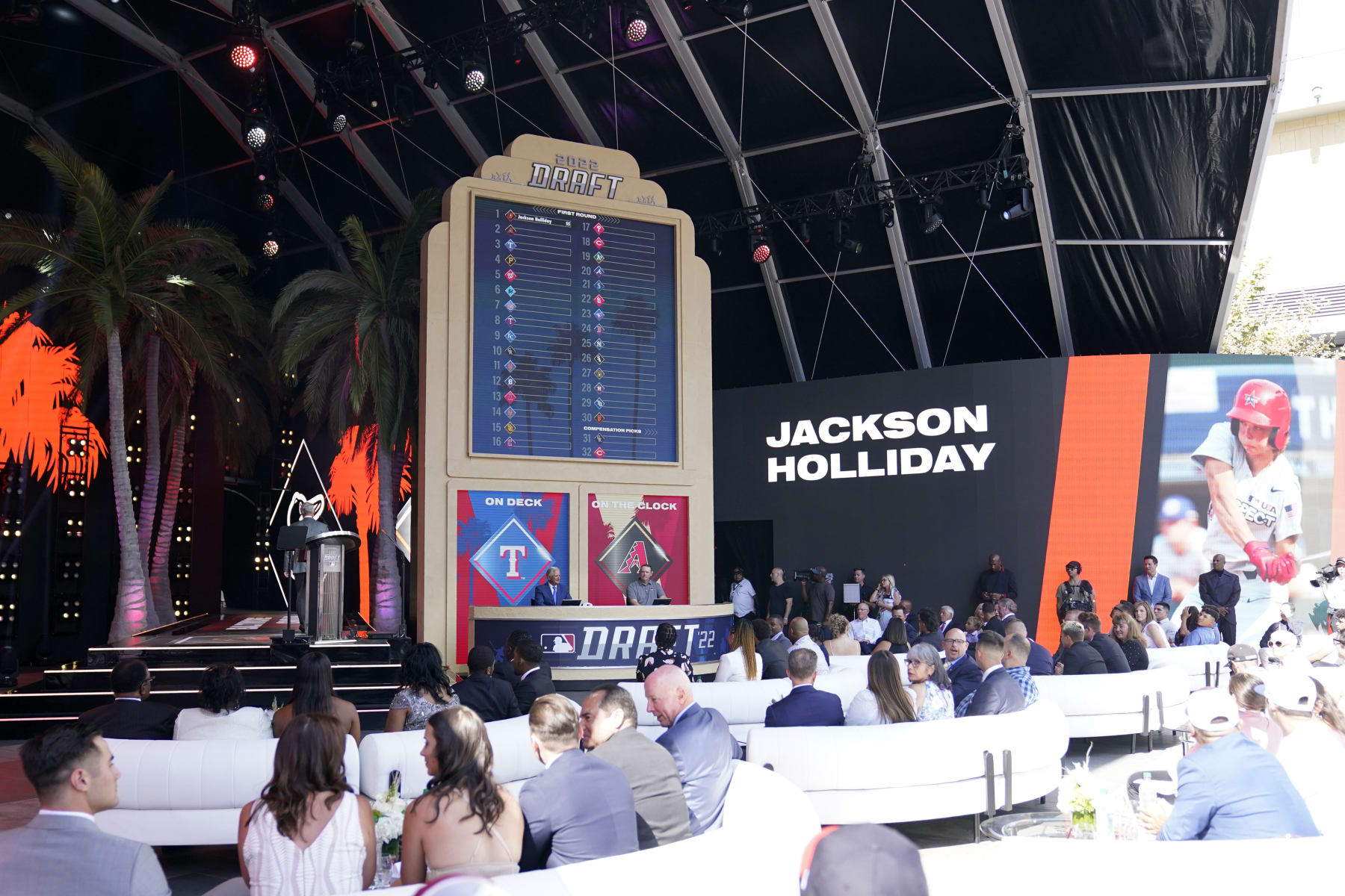 Jackson Holliday is announced as the first pick of the 2022 MLB baseball draft, by the Baltimore Orioles, Sunday, July 17, 2022, in Los Angeles. (AP Photo/Abbie Parr)