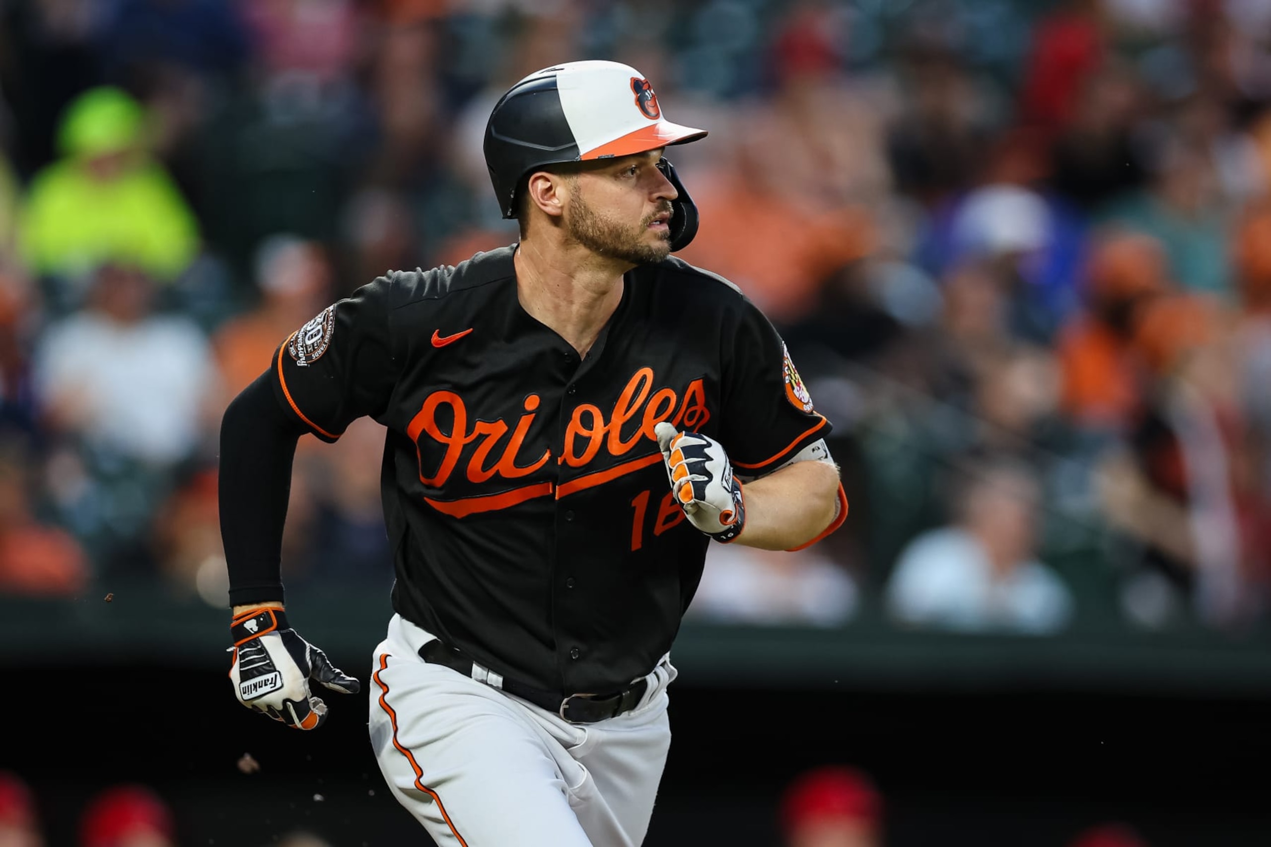 BALTIMORE, MD - JULY 08: Trey Mancini #16 of the Baltimore Orioles in action against the Los Angeles Angels during the third inning at Oriole Park at Camden Yards on July 8, 2022 in Baltimore, Maryland. (Photo by Scott Taetsch/Getty Images)