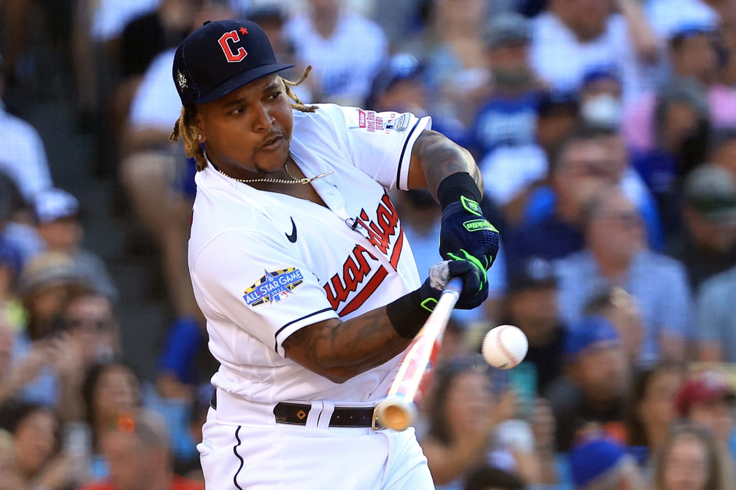LOS ANGELES, CALIFORNIA - JULY 18: Jose Ramirez #11 of the Cleveland Guardians bats during the 2022 T-Mobile Home Run Derby at Dodger Stadium on July 18, 2022 in Los Angeles, California. (Photo by Sean M. Haffey/Getty Images)