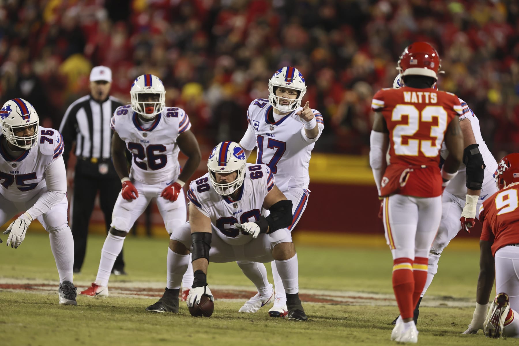 Football: NFL Playoffs: Buffalo Bills QB Josh Allen (17) calling signals during game vs Kansas City Chiefs at Arrowhead Stadium. Kansas City, MO 1/23/2022 CREDIT: David E. Klutho (Photo by David E. Klutho/Sports Illustrated via Getty Images) (Set Number: X163914 TK1)
