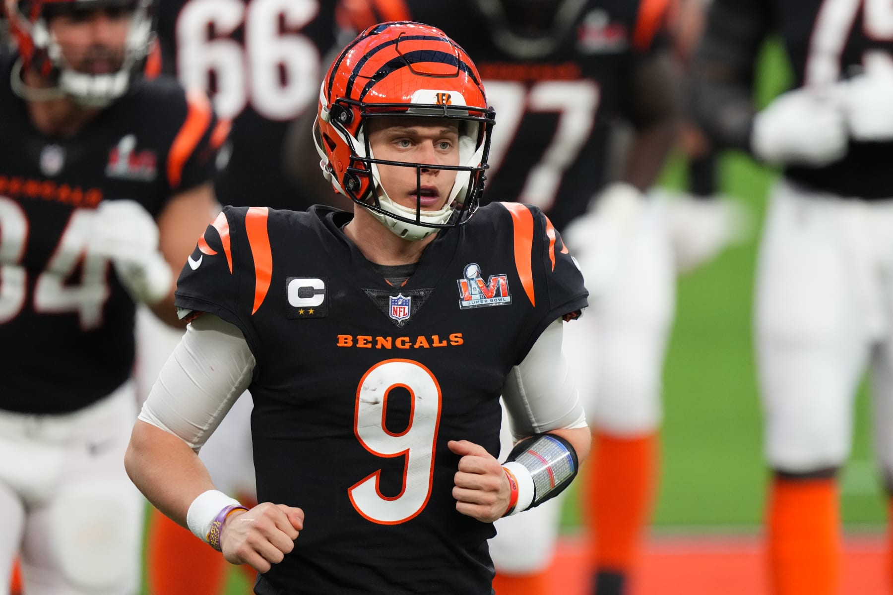 INGLEWOOD, CALIFORNIA - FEBRUARY 13: Joe Burrow #9 of the Cincinnati Bengals runs off of the field during to the NFL Super Bowl LVI football game against the Los Angeles Rams at SoFi Stadium on February 13, 2022 in Inglewood, California. (Photo by Cooper Neill/Getty Images)