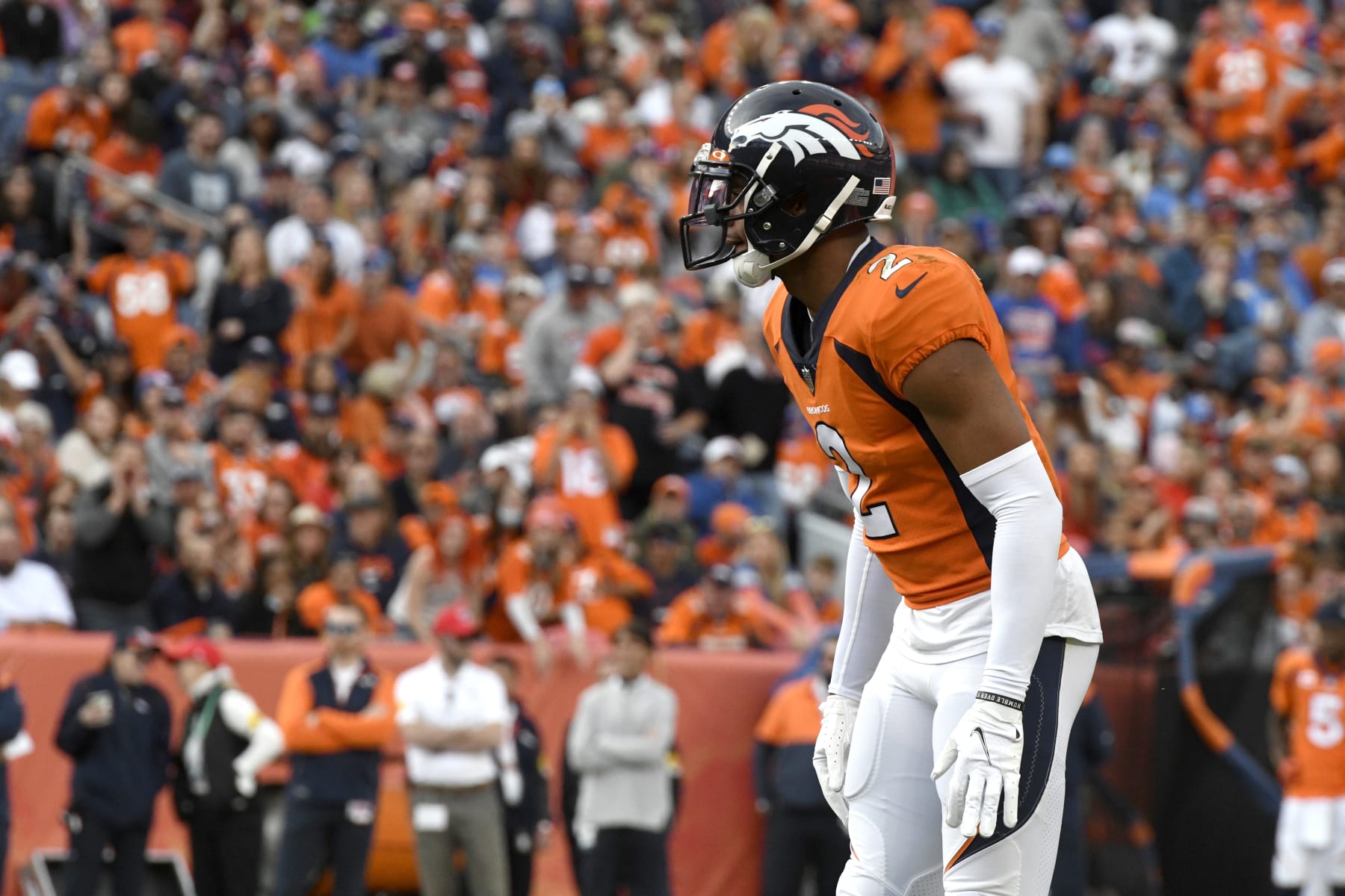 DENVER, CO - NOVEMBER 28: Denver Broncos Cornerback Pat Surtain (2) lines up for a play during the NFL game between the Los Angeles Chargers and the Denver Broncos on November 28, 2021, at Empower Field at Mile High in Denver, Colorado. (Photo by Michael Allio/Icon Sportswire via Getty Images)
