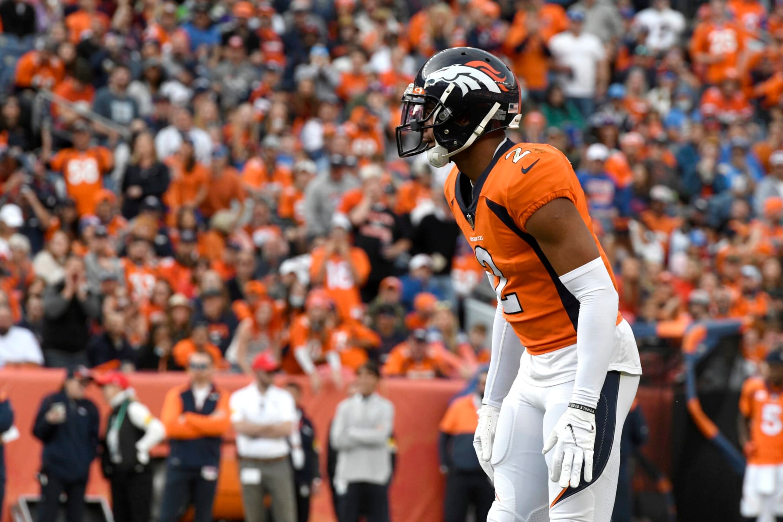 DENVER, CO - NOVEMBER 28: Denver Broncos Cornerback Pat Surtain (2) lines up for a play during the NFL game between the Los Angeles Chargers and the Denver Broncos on November 28, 2021, at Empower Field at Mile High in Denver, Colorado. (Photo by Michael Allio/Icon Sportswire via Getty Images)