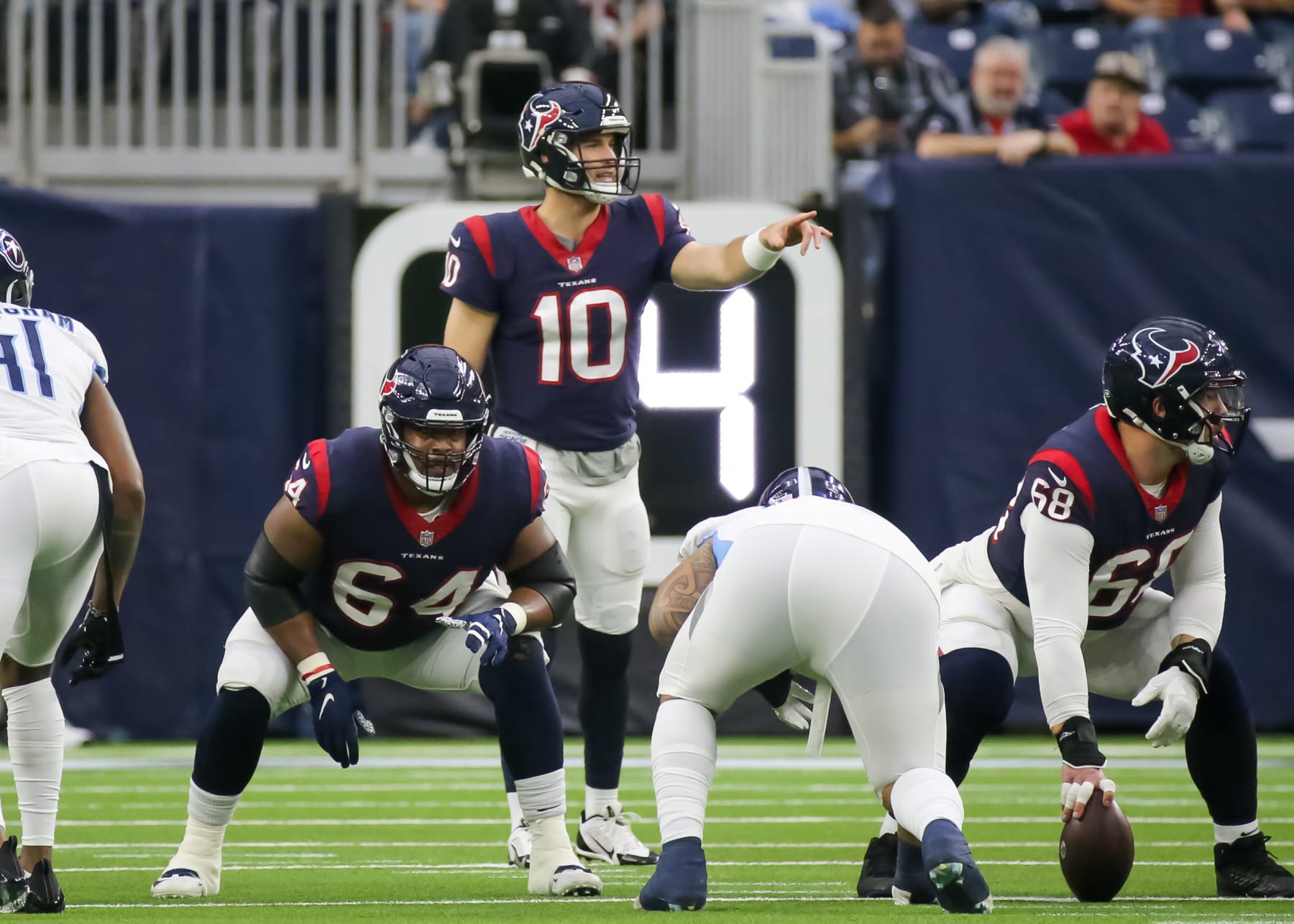 HOUSTON, TX - JANUARY 09:  Houston Texans quarterback Davis Mills (10) signals to the offensive line in the first quarter during the NFL game between the Tennessee Titans and Houston Texans on January 9, 2022 at NRG Stadium in Houston, Texas.  (Photo by Leslie Plaza Johnson/Icon Sportswire via Getty Images)
