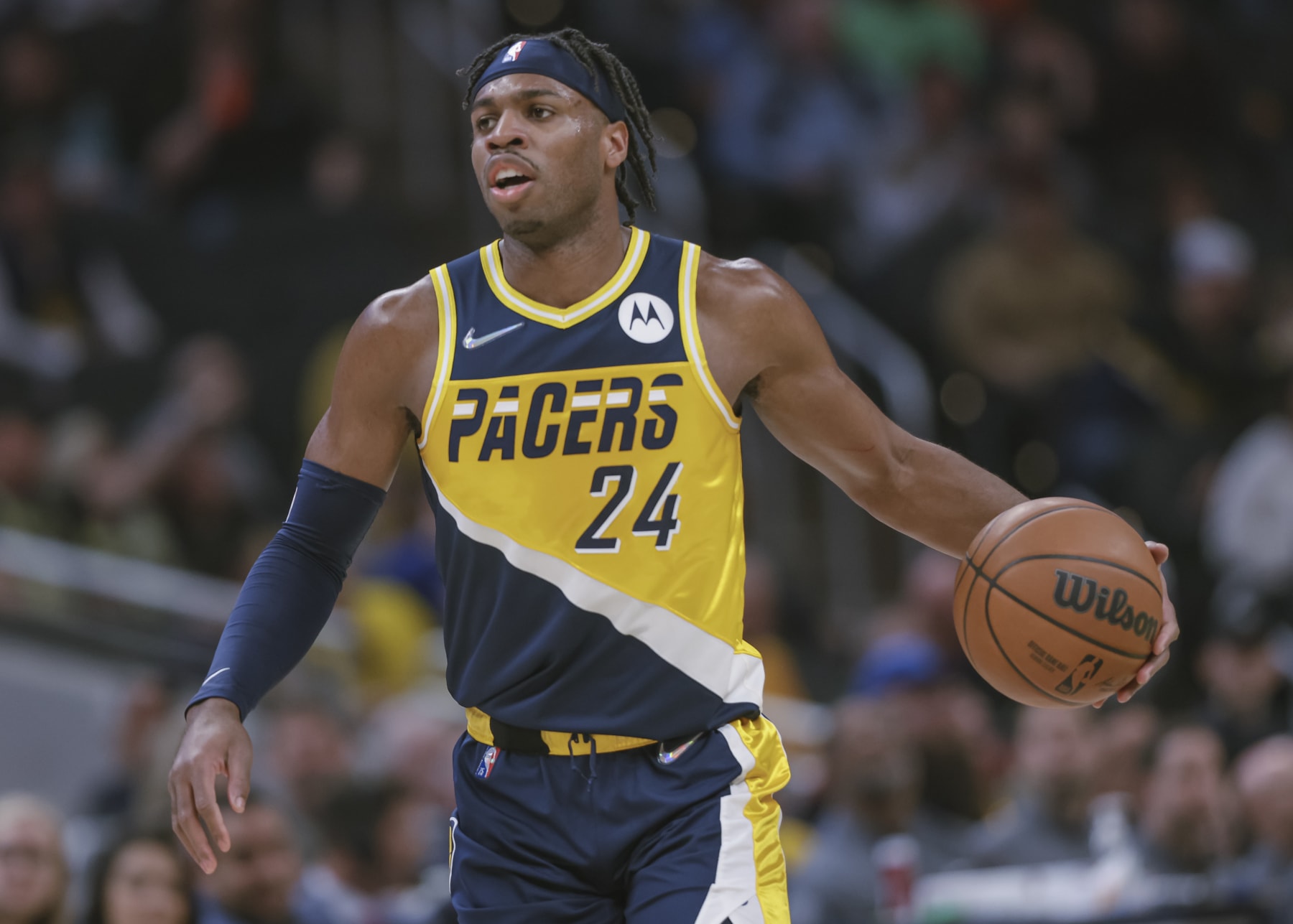 INDIANAPOLIS, IN - APRIL 03: Buddy Hield #24 of the Indiana Pacers is seen during the game against the Detroit Pistons at Gainbridge Fieldhouse on April 3, 2022 in Indianapolis, Indiana. NOTE TO USER: User expressly acknowledges and agrees that, by downloading and or using this photograph, User is consenting to the terms and conditions of the Getty Images License Agreement. (Photo by Michael Hickey/Getty Images)