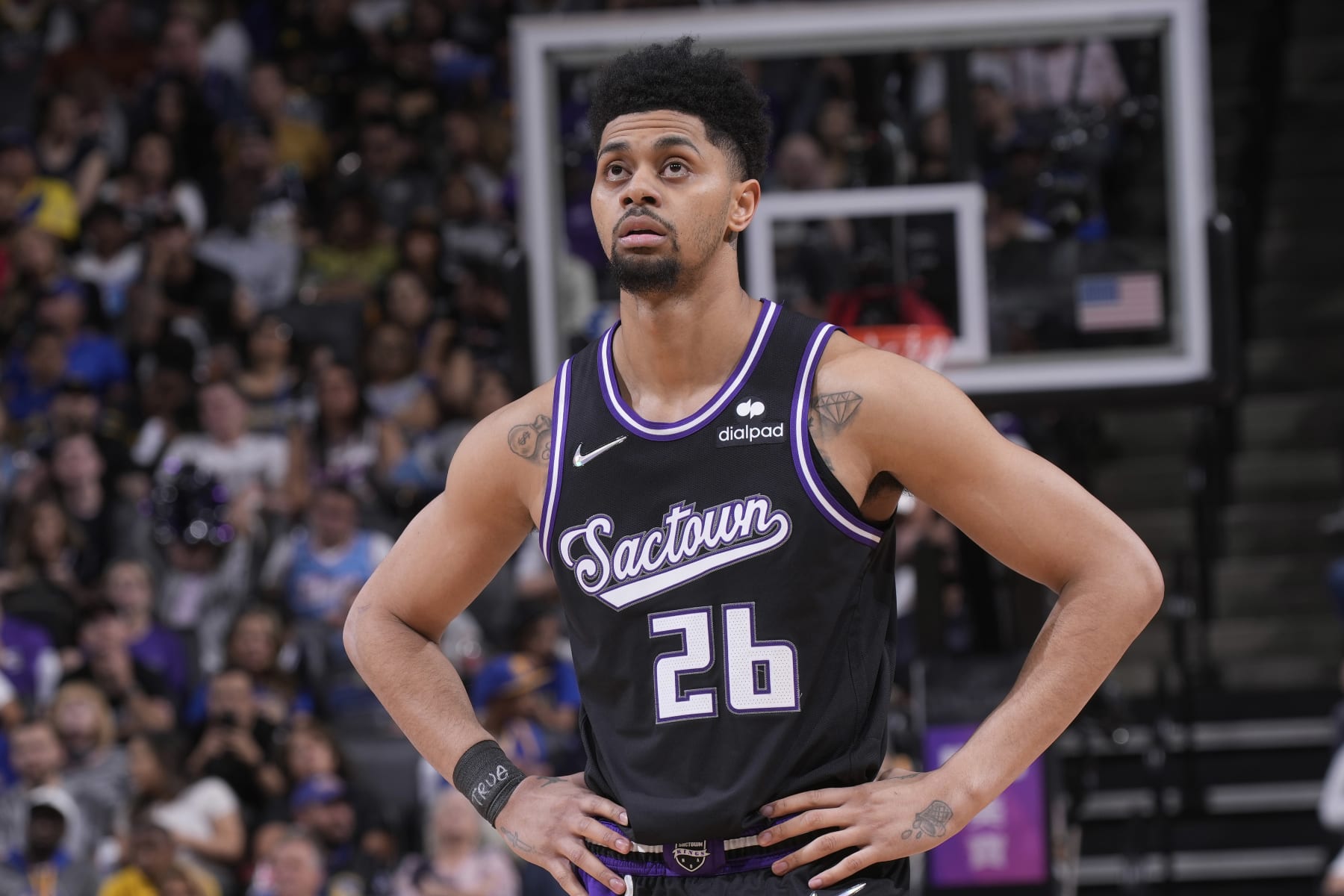 SACRAMENTO, CA - APRIL 3: Jeremy Lamb #26 of the Sacramento Kings looks on during the game against the Golden State Warriors on April 3, 2022 at Golden 1 Center in Sacramento, California. NOTE TO USER: User expressly acknowledges and agrees that, by downloading and or using this photograph, User is consenting to the terms and conditions of the Getty Images Agreement. Mandatory Copyright Notice: Copyright 2022 NBAE (Photo by Rocky Widner/NBAE via Getty Images)