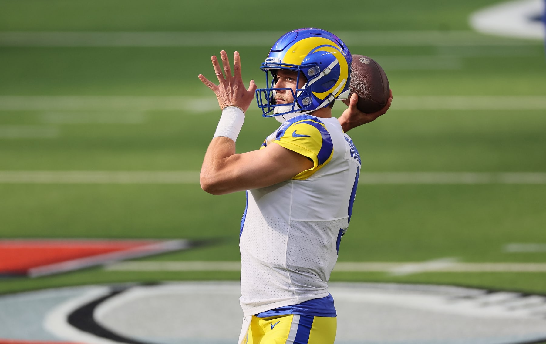 INGLEWOOD, CALIFORNIA - FEBRUARY 13: Matthew Stafford #9 of the Los Angles Rams against the Cincinnati Bengals during the Super Bowl at SoFi Stadium on February 13, 2022 in Inglewood, California. (Photo by Andy Lyons/Getty Images)
