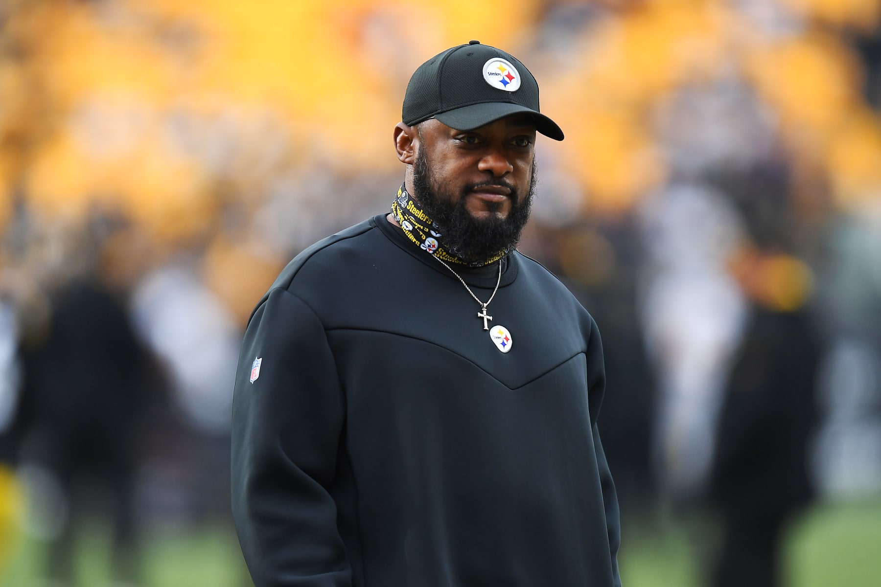 PITTSBURGH, PENNSYLVANIA - DECEMBER 05: Head coach Mike Tomlin of the Pittsburgh Steelers looks on during pregame warm-ups prior to the game against the Baltimore Ravens at Heinz Field on December 05, 2021 in Pittsburgh, Pennsylvania. (Photo by Joe Sargent/Getty Images)