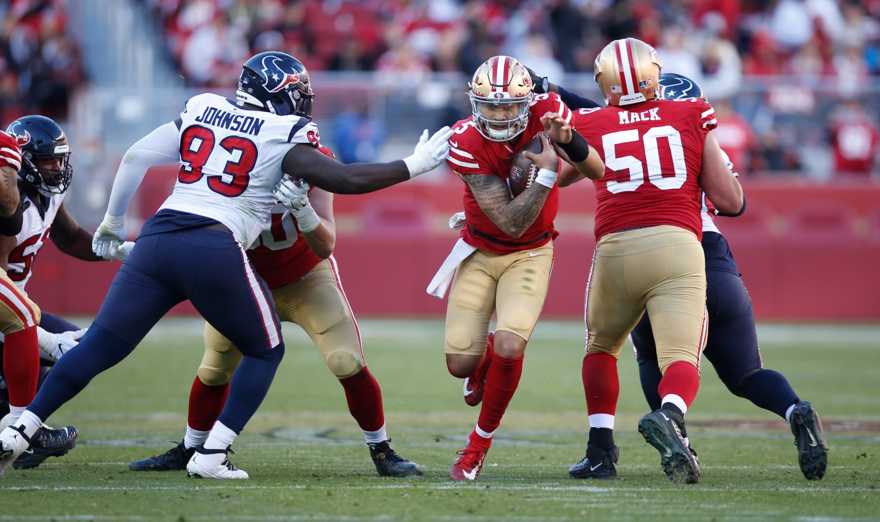 SANTA CLARA, CA - JANUARY 2: Trey Lance #5 of the San Francisco 49ers rushes during the game against the Houston Texans at Levi's Stadium on January 2, 2022 in Santa Clara, California. The 49ers defeated the Texans 23-7. (Photo by Michael Zagaris/San Francisco 49ers/Getty Images)