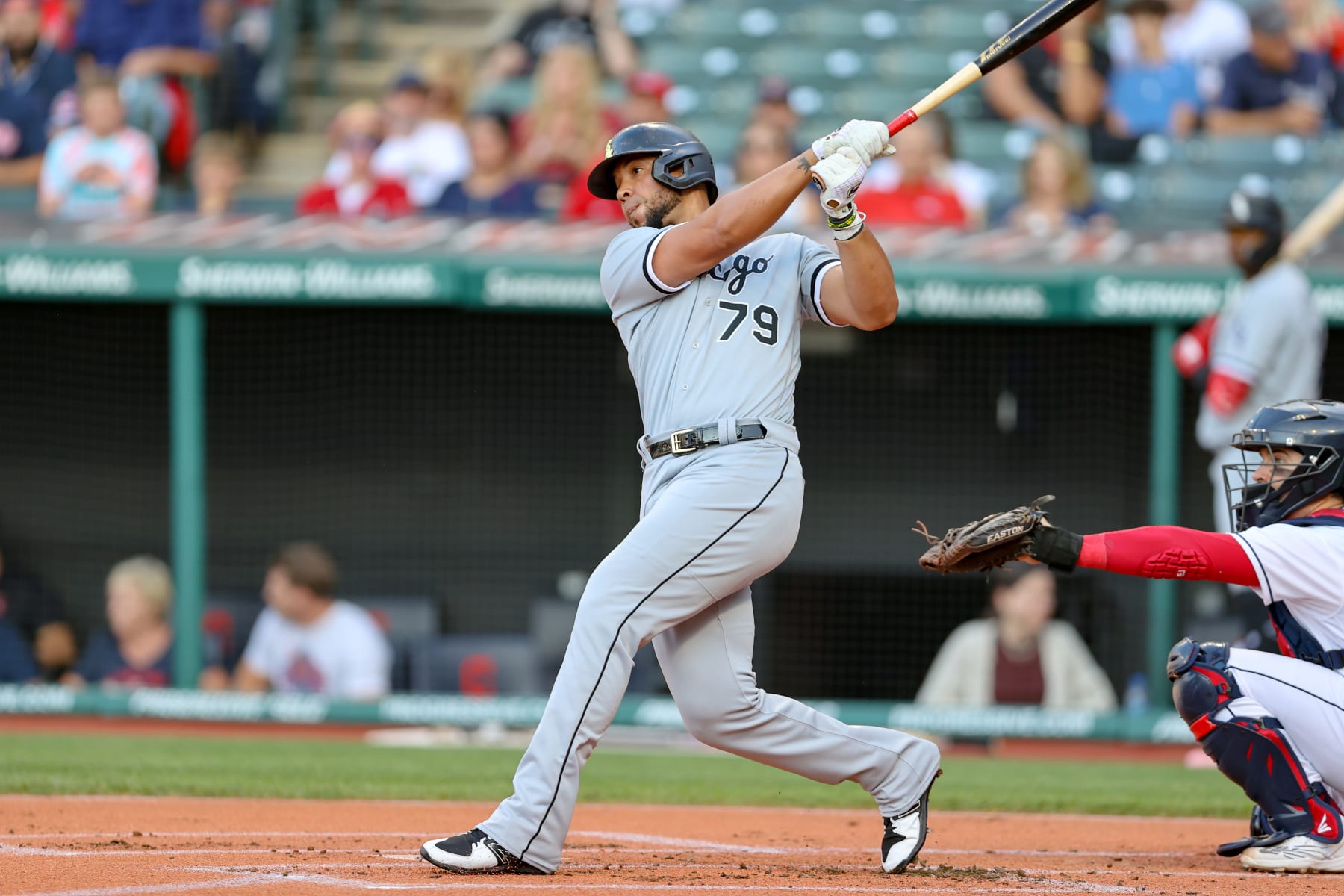 CLEVELAND, OH - JULY 13: Chicago White Sox first baseman Jose Abreu (79) singles during the first inning of the the Major League Baseball game between the Chicago White Sox and Cleveland Guardianson July 13, 2022, at Progressive Field in Cleveland, OH.  (Photo by Frank Jansky/Icon Sportswire via Getty Images)