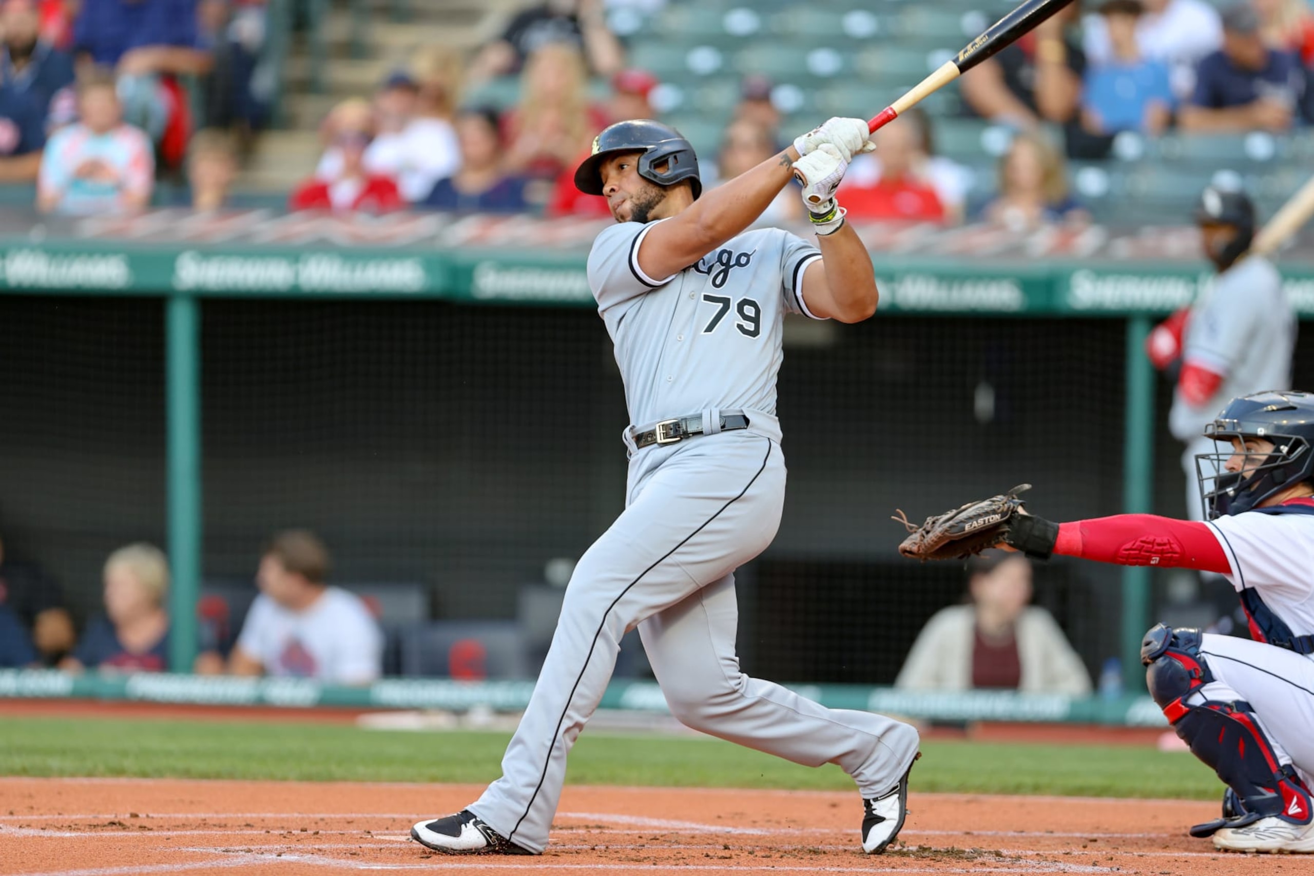 CLEVELAND, OH - JULY 13: Chicago White Sox first baseman Jose Abreu (79) singles during the first inning of the the Major League Baseball game between the Chicago White Sox and Cleveland Guardianson July 13, 2022, at Progressive Field in Cleveland, OH.  (Photo by Frank Jansky/Icon Sportswire via Getty Images)