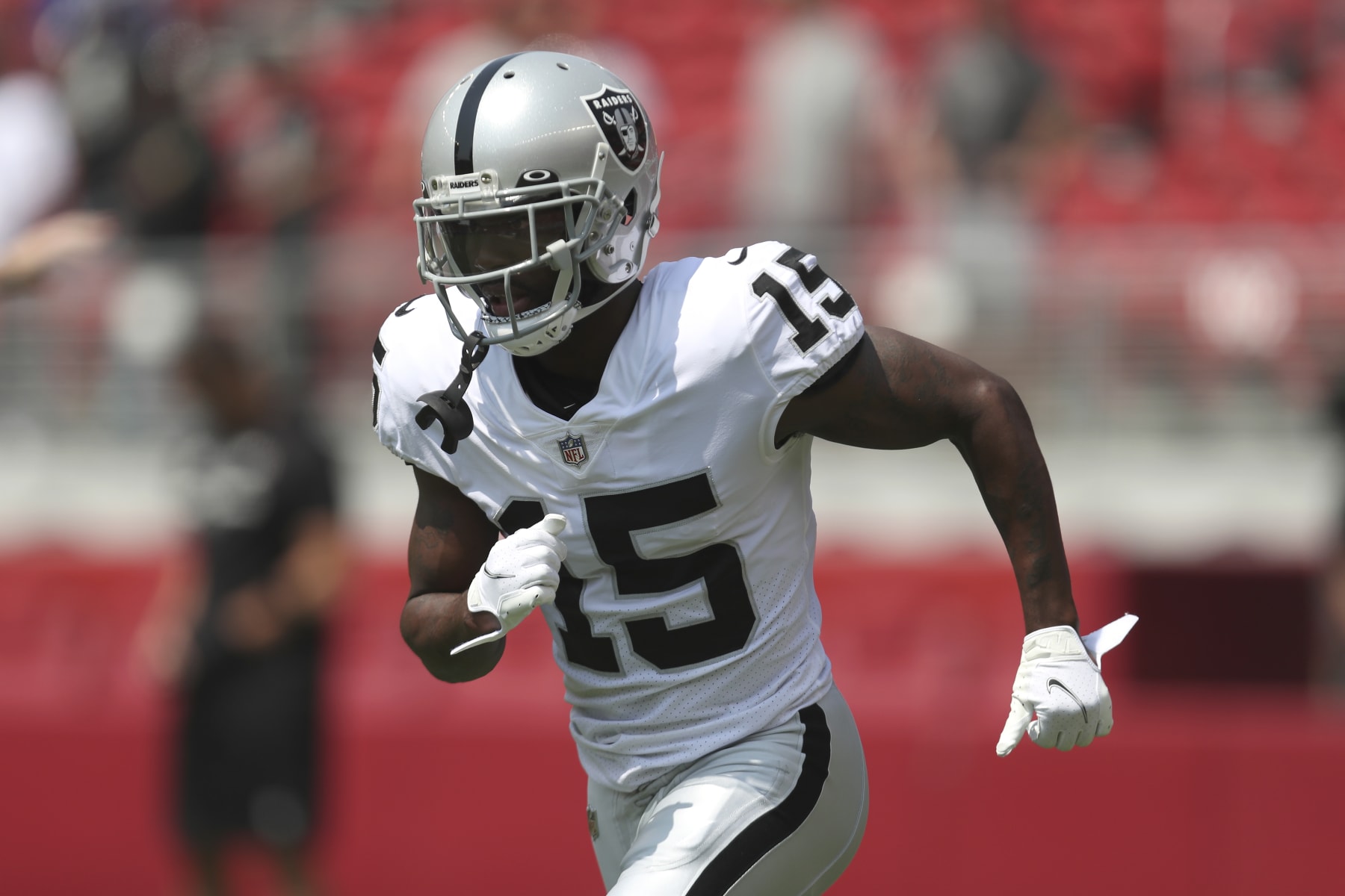 Las Vegas Raiders wide receiver John Brown (15) before an NFL preseason football game against the San Francisco 49ers in Santa Clara, Calif., Sunday, Aug. 29, 2021. (AP Photo/Jed Jacobsohn)