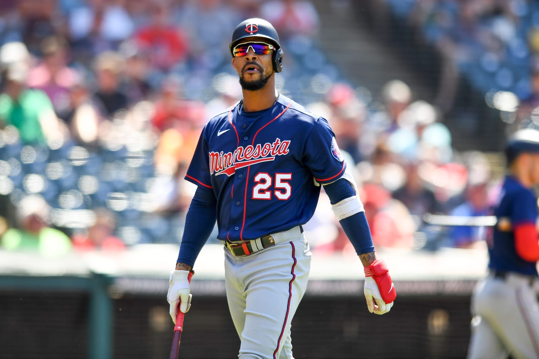 CLEVELAND, OH - JUNE 30: Byron Buxton #25 of the Minnesota Twins reacts to striking out during the eighth inning against the Cleveland Guardians at Progressive Field on June 30, 2022 in Cleveland, Ohio. (Photo by Nick Cammett/Diamond Images via Getty Images)