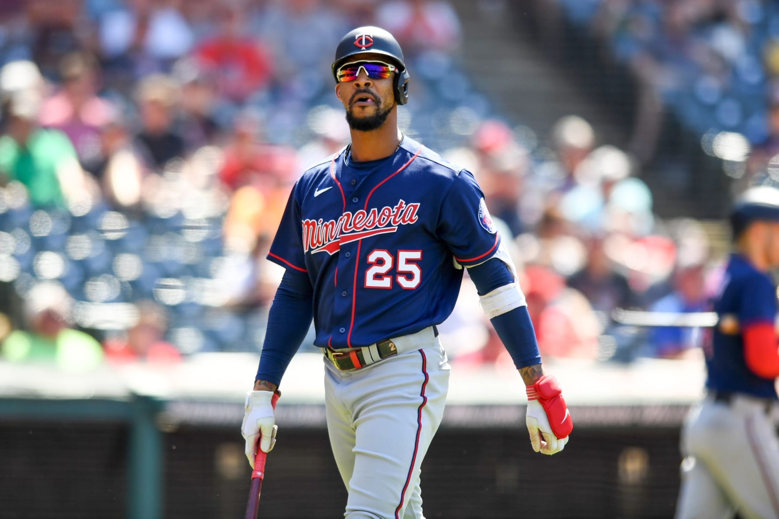 CLEVELAND, OH - JUNE 30: Byron Buxton #25 of the Minnesota Twins reacts to striking out during the eighth inning against the Cleveland Guardians at Progressive Field on June 30, 2022 in Cleveland, Ohio. (Photo by Nick Cammett/Diamond Images via Getty Images)