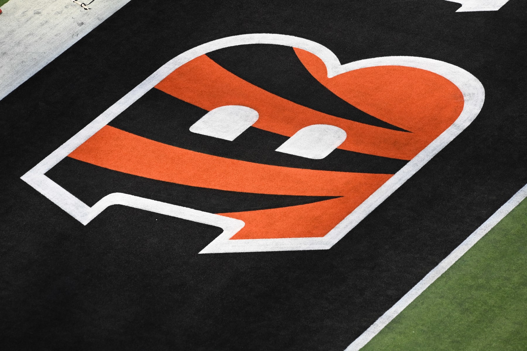 INGLEWOOD, CA - FEBRUARY 13: The Bengals logo painted in the end zone during warmups for Super Bowl LVI between the Cincinnati Bengals and the Los Angeles Rams on February 13, 2022, at SoFi Stadium in Inglewood, CA. (Photo by Brian Rothmuller/Icon Sportswire via Getty Images)