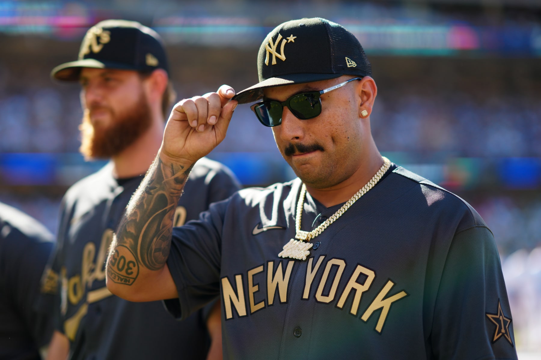 LOS ANGELES, CA - JULY 19:  Nestor Cortes #65 of the New York Yankees acknowledges the crowd during player introductions prior to the 92nd MLB All-Star Game presented by Mastercard at Dodger Stadium on Tuesday, July 19, 2022 in Los Angeles, California. (Photo by Daniel Shirey/MLB Photos via Getty Images)