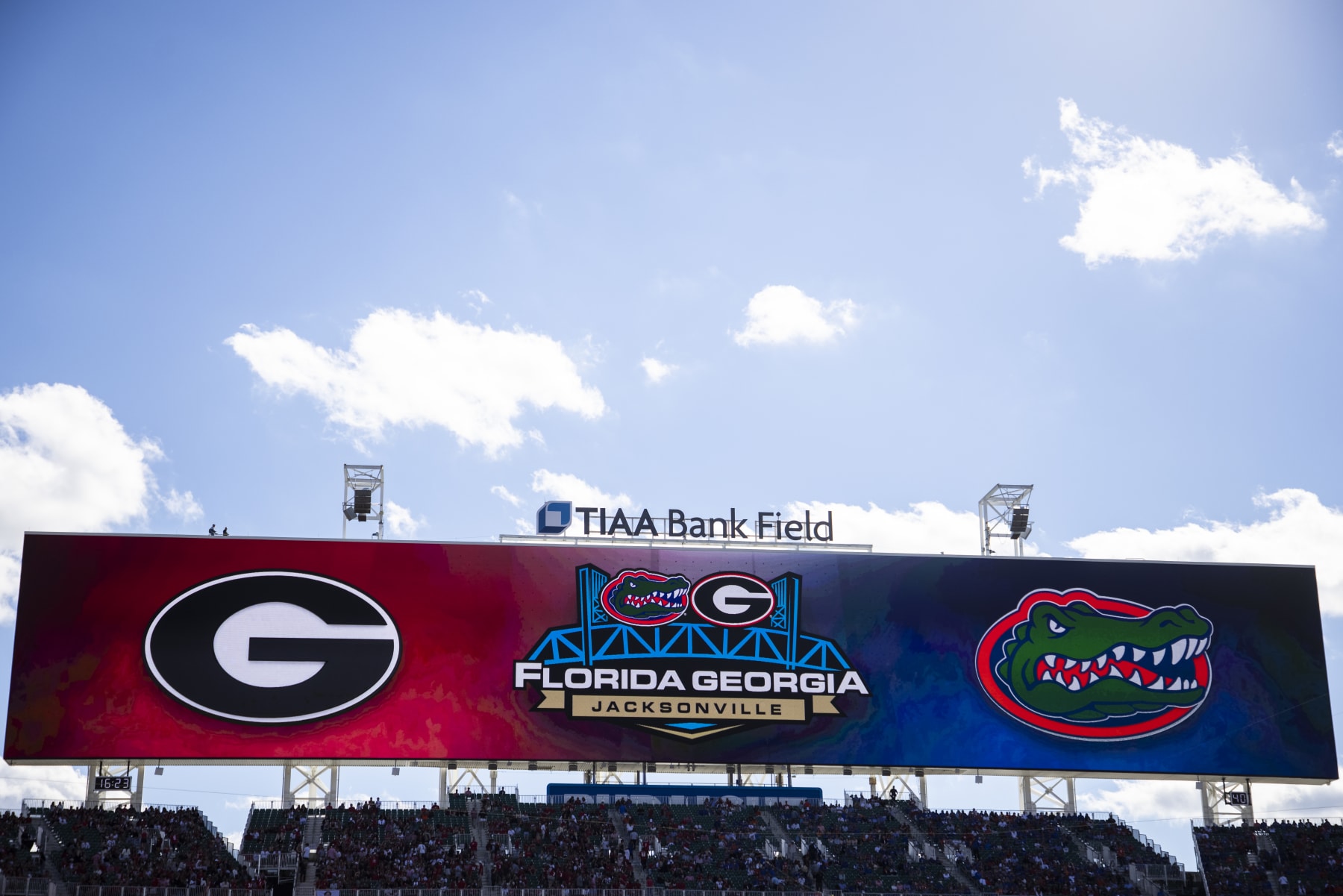 JACKSONVILLE, FLORIDA - OCTOBER 30: A detail view of TIAA Bank Field's scoreboard before the start of a game between the Florida Gators and the Georgia Bulldogs at TIAA Bank Field on October 30, 2021 in Jacksonville, Florida. (Photo by James Gilbert/Getty Images)