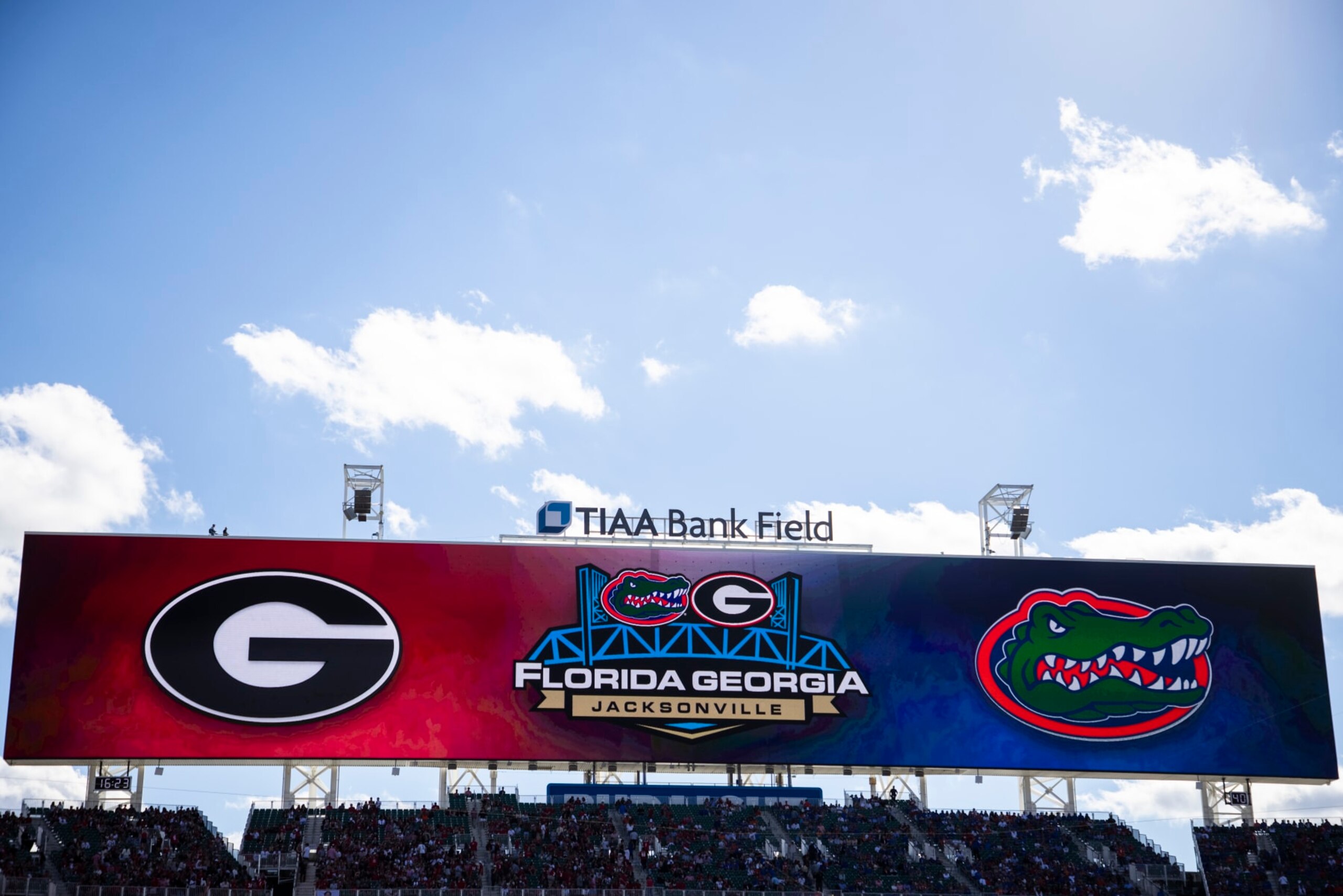 JACKSONVILLE, FLORIDA - OCTOBER 30: A detail view of TIAA Bank Field's scoreboard before the start of a game between the Florida Gators and the Georgia Bulldogs at TIAA Bank Field on October 30, 2021 in Jacksonville, Florida. (Photo by James Gilbert/Getty Images)