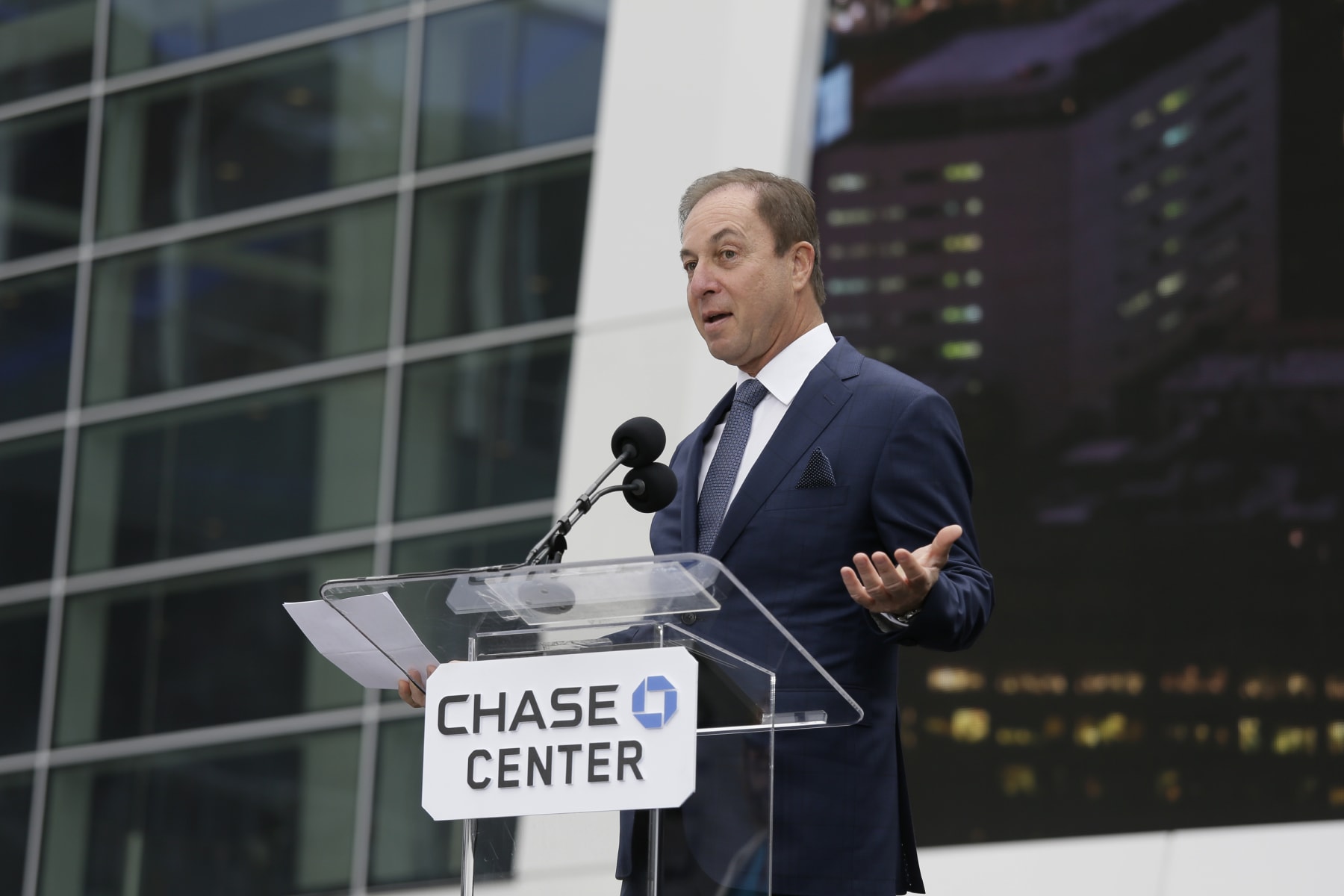 Golden State Warriors owner Joe Lacob speaks during the ribbon cutting ceremony of the Chase Center Tuesday, Sept. 3, 2019, in San Francisco. The arena is the new home of the Golden State Warriors NBA basketball team. (AP Photo/Eric Risberg) Golden State Warriors owner Joe Lacob speaks during the ribbon cutting ceremony of the Chase Center Tuesday, Sept. 3, 2019, in San Francisco. The arena is the new home of the Golden State Warriors NBA basketball team. (AP Photo/Eric Risberg)