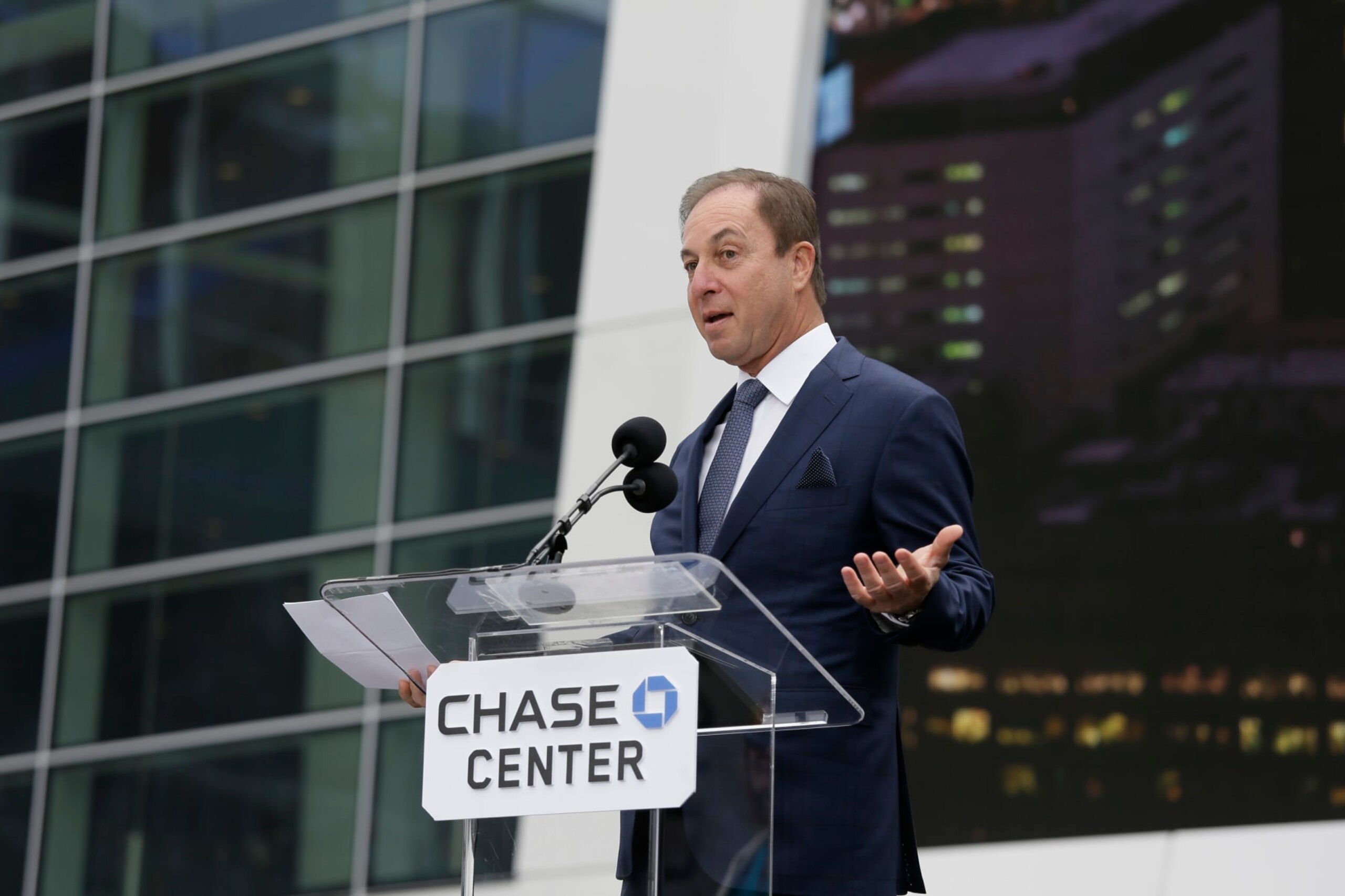 Golden State Warriors owner Joe Lacob speaks during the ribbon cutting ceremony of the Chase Center Tuesday, Sept. 3, 2019, in San Francisco. The arena is the new home of the Golden State Warriors NBA basketball team. (AP Photo/Eric Risberg)