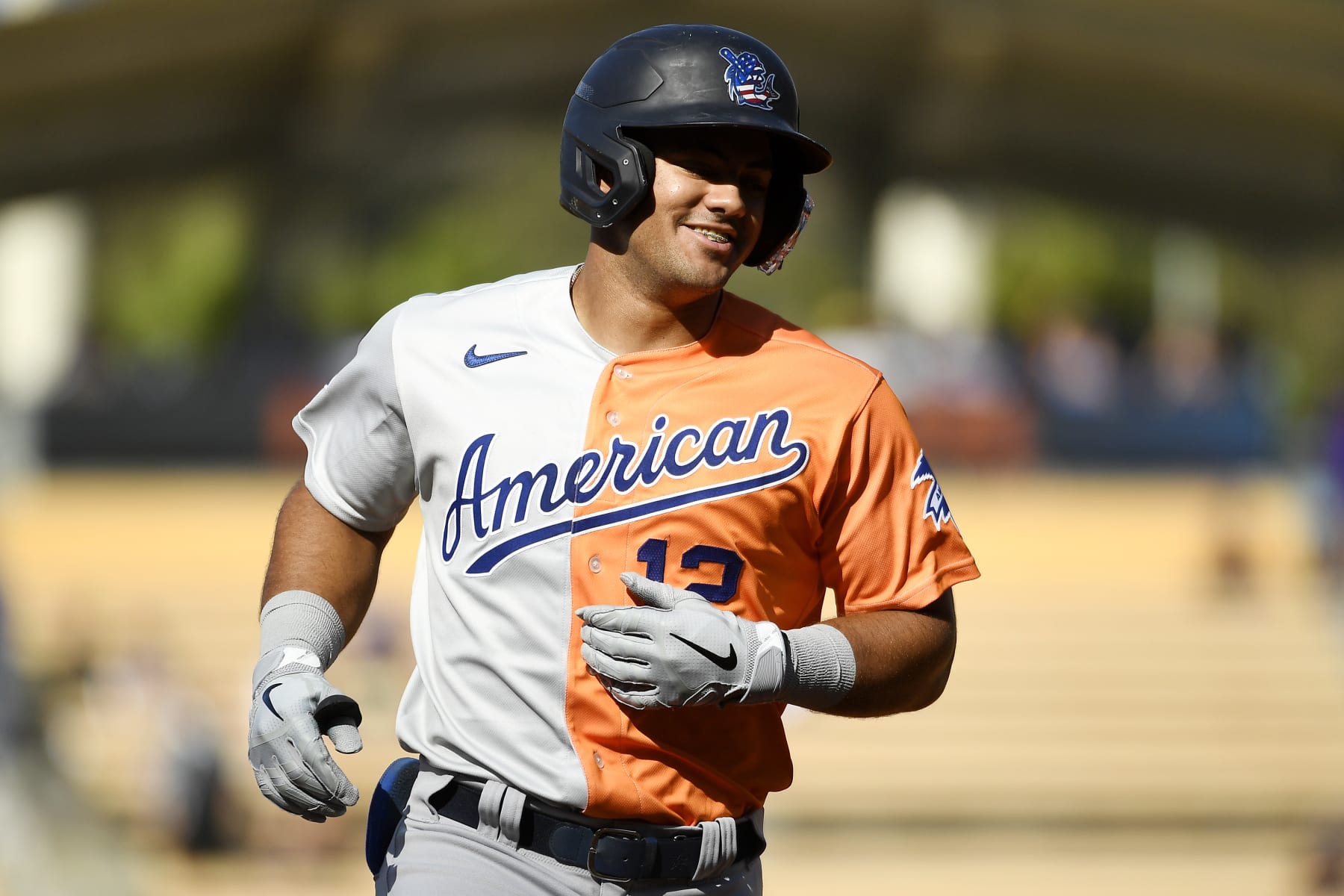 LOS ANGELES, CALIFORNIA - JULY 16: Jasson Dominguez #12 of the American League rounds the bases after hitting a two-run home run in the third inning during the SiriusXM All-Star Futures Game against the National League at Dodger Stadium on July 16, 2022 in Los Angeles, California. (Photo by Kevork Djansezian/Getty Images)