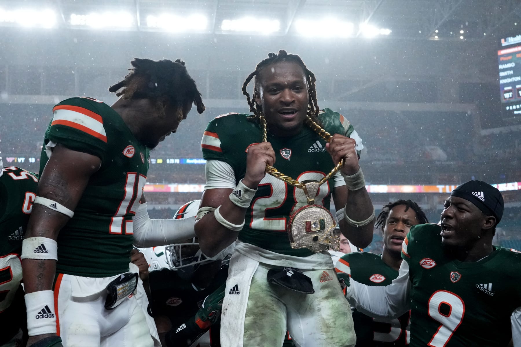 MIAMI GARDENS, FLORIDA - NOVEMBER 20: Marcus Clarke #28 of the Miami Hurricanes celebrates with the turnover chain after recovering a fumble against the Virginia Tech Hokies at Hard Rock Stadium on November 20, 2021 in Miami Gardens, Florida. (Photo by Mark Brown/Getty Images) MIAMI GARDENS, FLORIDA - NOVEMBER 20: Marcus Clarke #28 of the Miami Hurricanes celebrates with the turnover chain after recovering a fumble against the Virginia Tech Hokies at Hard Rock Stadium on November 20, 2021 in Miami Gardens, Florida. (Photo by Mark Brown/Getty Images)