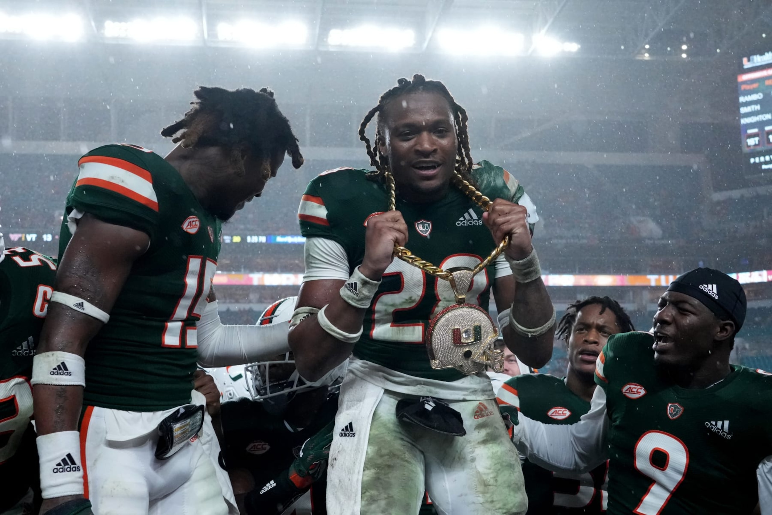 MIAMI GARDENS, FLORIDA - NOVEMBER 20: Marcus Clarke #28 of the Miami Hurricanes celebrates with the turnover chain after recovering a fumble against the Virginia Tech Hokies at Hard Rock Stadium on November 20, 2021 in Miami Gardens, Florida. (Photo by Mark Brown/Getty Images) MIAMI GARDENS, FLORIDA - NOVEMBER 20: Marcus Clarke #28 of the Miami Hurricanes celebrates with the turnover chain after recovering a fumble against the Virginia Tech Hokies at Hard Rock Stadium on November 20, 2021 in Miami Gardens, Florida. (Photo by Mark Brown/Getty Images)