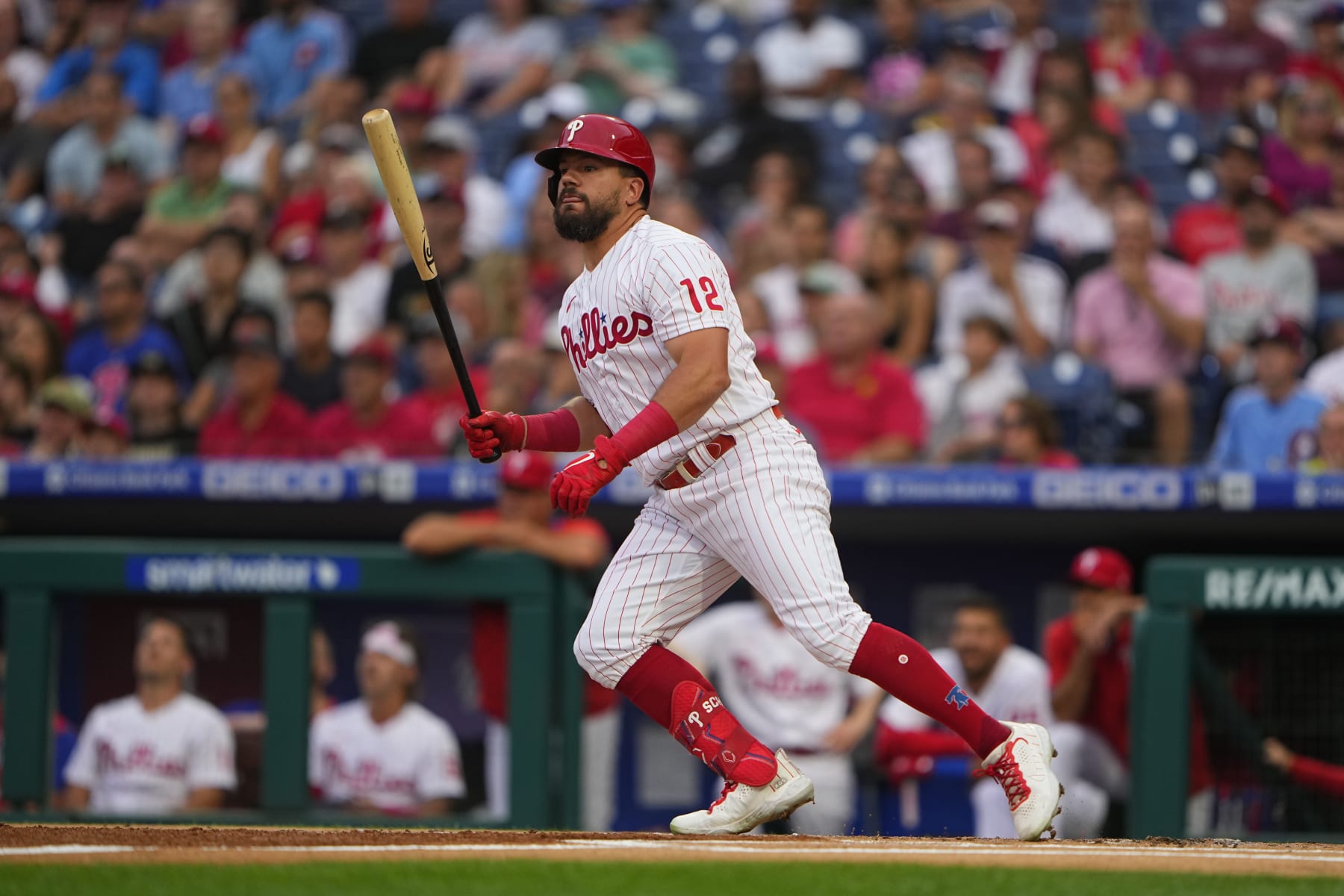 PHILADELPHIA, PA - JULY 06: Philadelphia Phillies Left Fielder Kyle Schwarber (12) hits a single during the first inning of the Major League Baseball game between the Washington Nationals and Philadelphia Phillies on July 6, 2022, at Citizens Bank Park in Philadelphia, PA. (Photo by Gregory Fisher/Icon Sportswire via Getty Images)