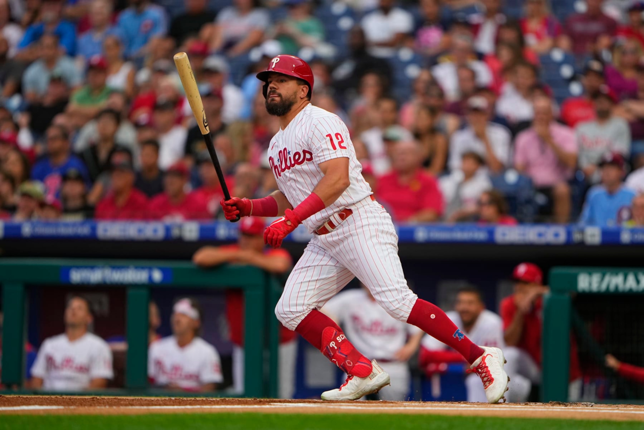 PHILADELPHIA, PA - JULY 06: Philadelphia Phillies Left Fielder Kyle Schwarber (12) hits a single during the first inning of the Major League Baseball game between the Washington Nationals and Philadelphia Phillies on July 6, 2022, at Citizens Bank Park in Philadelphia, PA. (Photo by Gregory Fisher/Icon Sportswire via Getty Images)