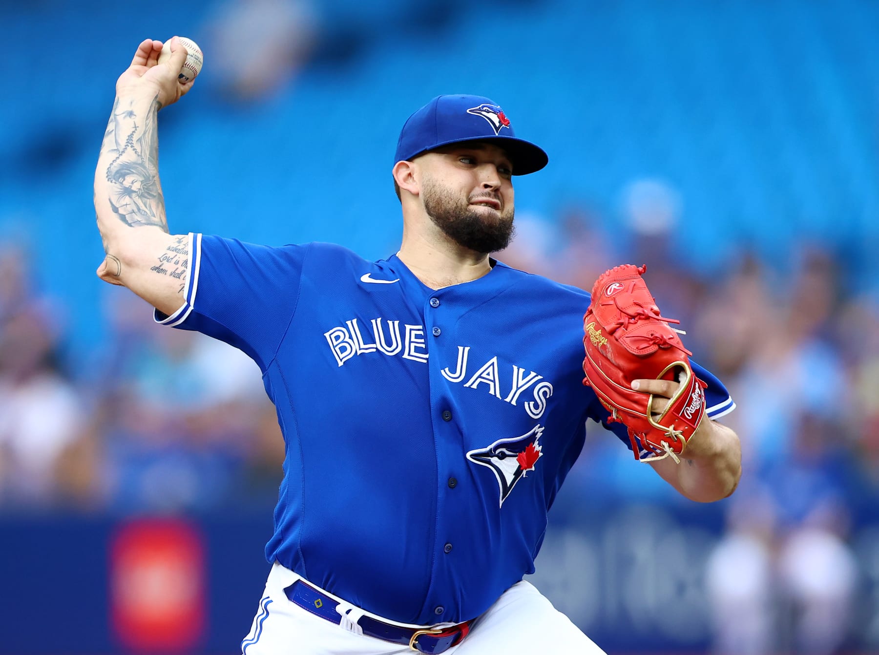 TORONTO, ON - JULY 15:  Alek Manoah #6 of the Toronto Blue Jays delivers a pitch in the first inning against the Kansas City Royals at Rogers Centre on July 15, 2022 in Toronto, Ontario, Canada.  (Photo by Vaughn Ridley/Getty Images)