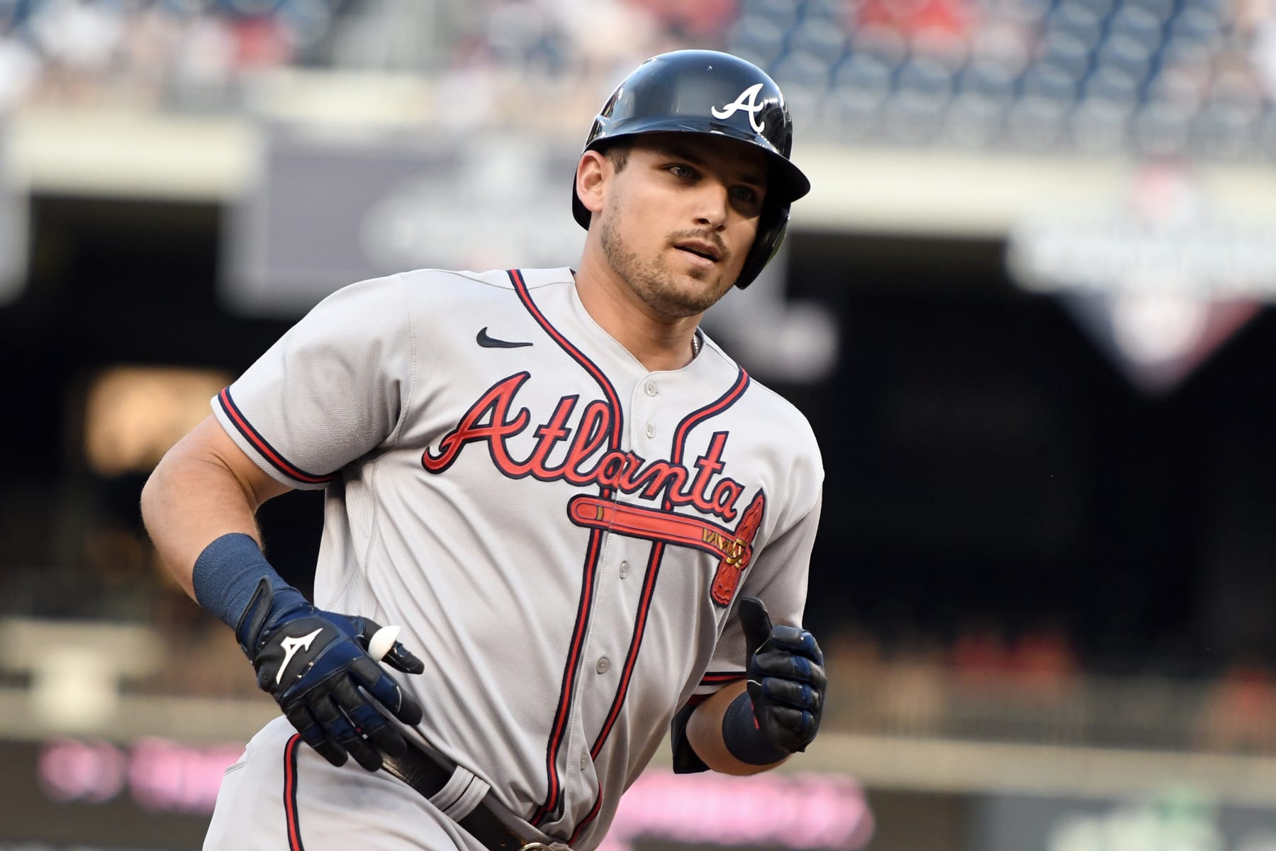 WASHINGTON, DC - JULY 15:  Austin Riley #27 of the Atlanta Braves rounds the bases after hitting a home run during a baseball game against the Washington Nationals at Nationals Park on July 15, 2022 in Washington, DC.  (Photo by Mitchell Layton/Getty Images)