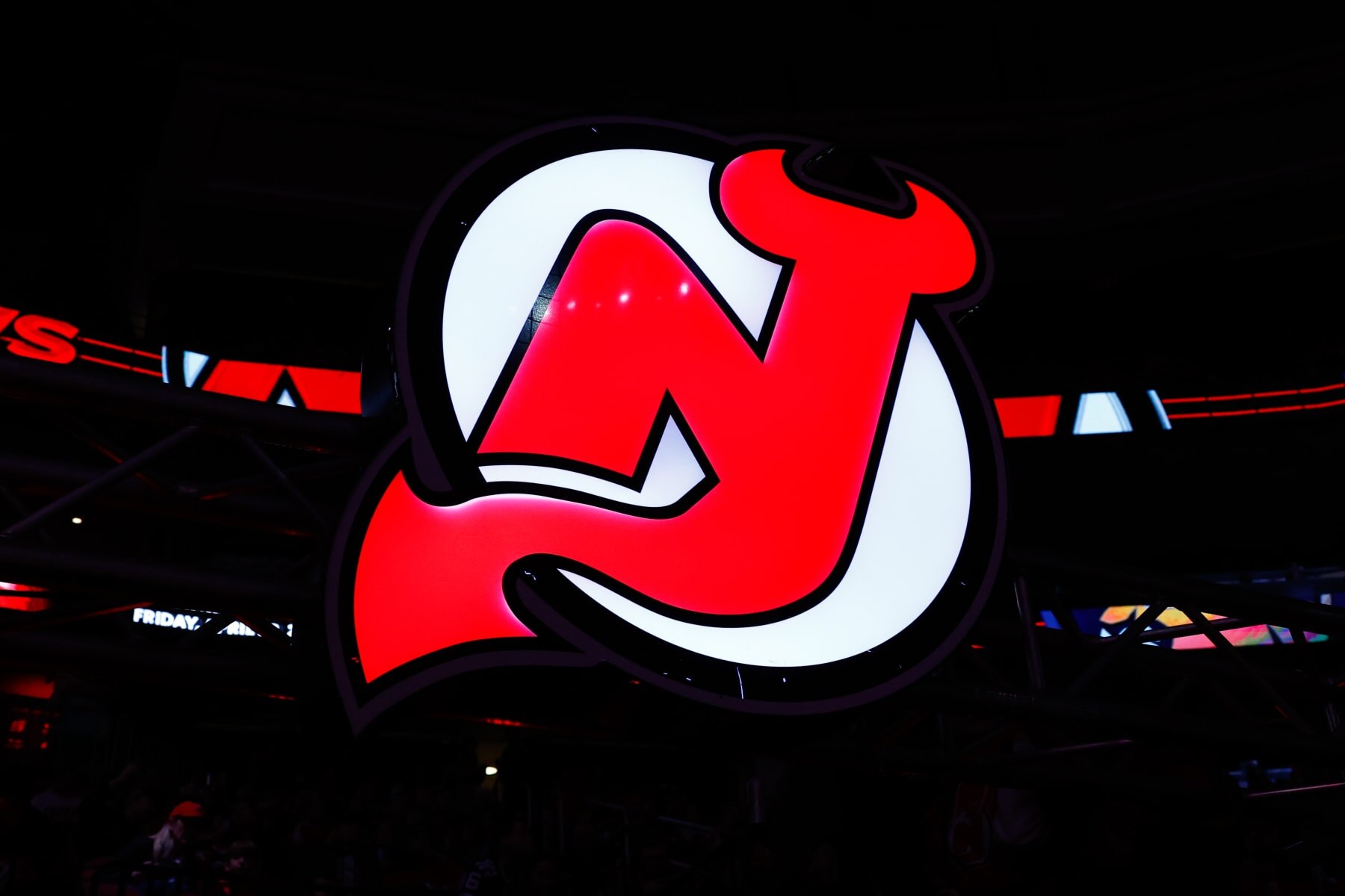NEWARK, NJ - APRIL 02: A general view of the New Jersey Devils logo prior to the National Hockey League game between the New Jersey Devils and the Florida Panthers on April 2, 2022 at the Prudential Center in Newark, New Jersey.  (Photo by Rich Graessle/Icon Sportswire via Getty Images)