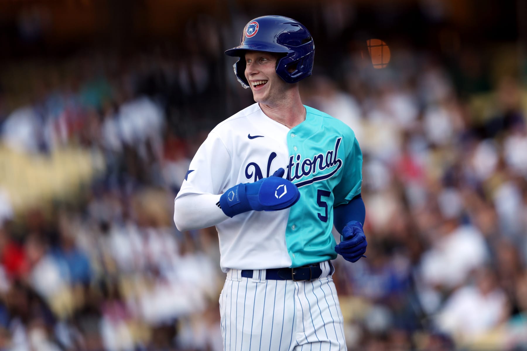 LOS ANGELES, CA - JULY 16:  Pete Crow-Armstrong #5 of the Chicago Cubs reacts to scoring a run during the 2022 SiriusXM All-Star Futures Game at Dodger Stadium on Saturday, July 16, 2022 in Los Angeles, California. (Photo by Rob Tringali/MLB Photos via Getty Images)