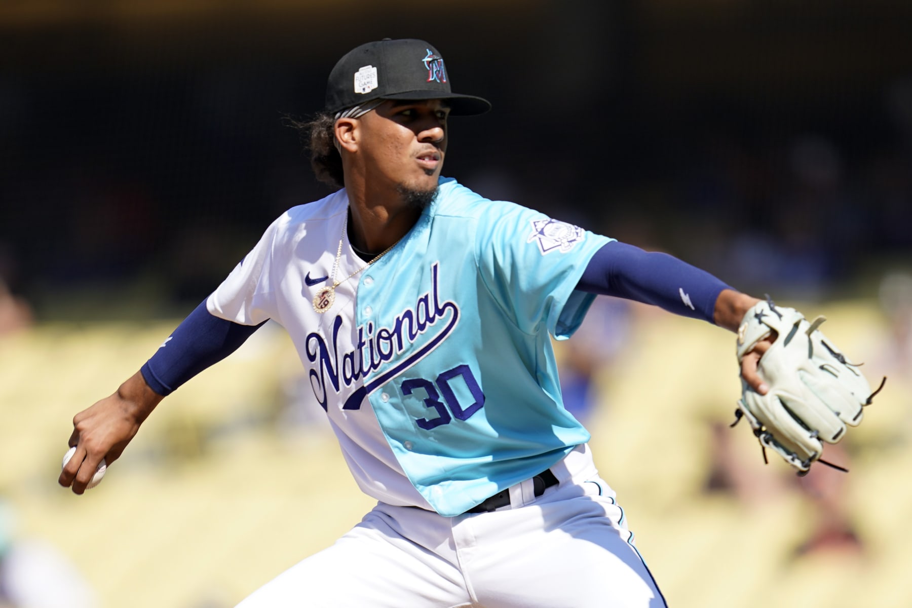 National League relief pitcher Eury Perez throws to an American League batter during the second inning of the MLB All-Star Futures baseball game, Saturday, July 16, 2022, in Los Angeles. (AP Photo/Abbie Parr)