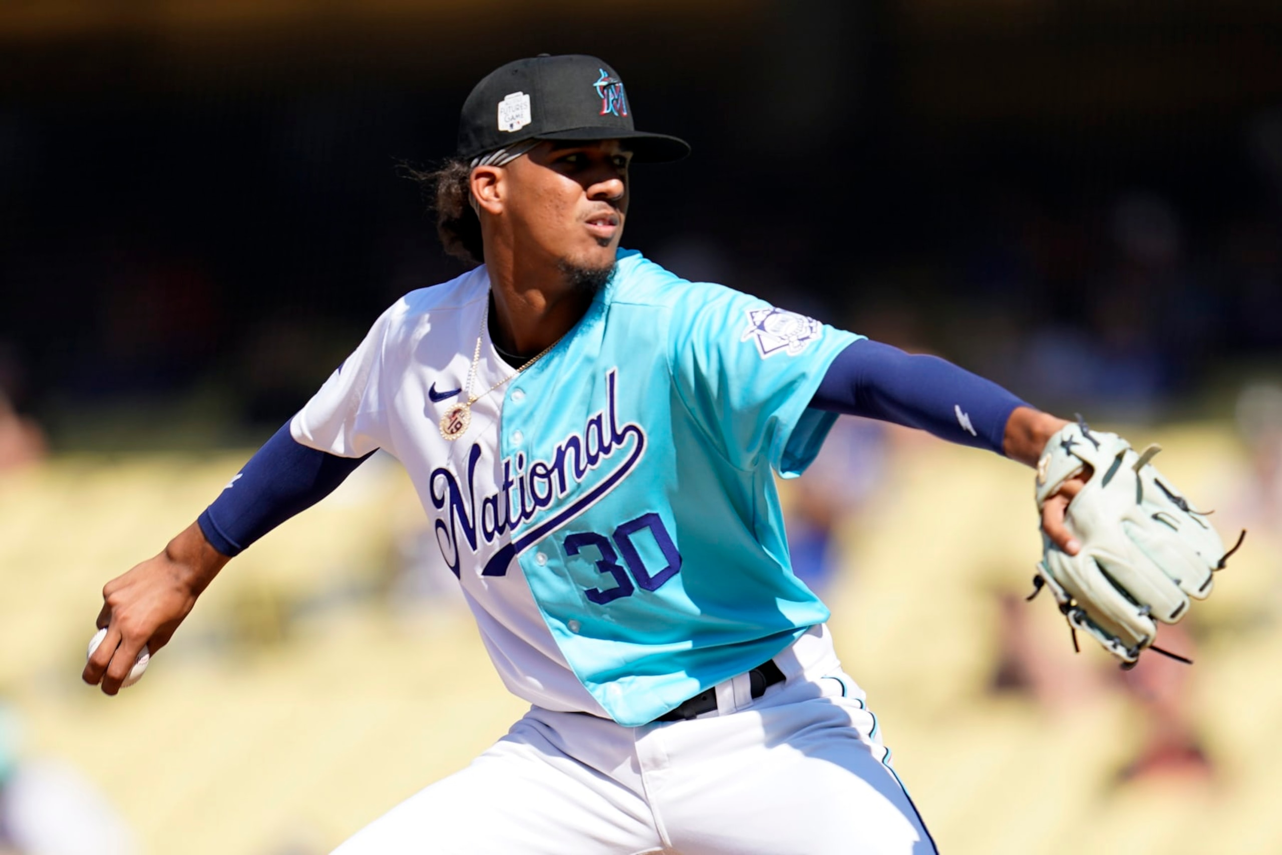 National League relief pitcher Eury Perez throws to an American League batter during the second inning of the MLB All-Star Futures baseball game, Saturday, July 16, 2022, in Los Angeles. (AP Photo/Abbie Parr)
