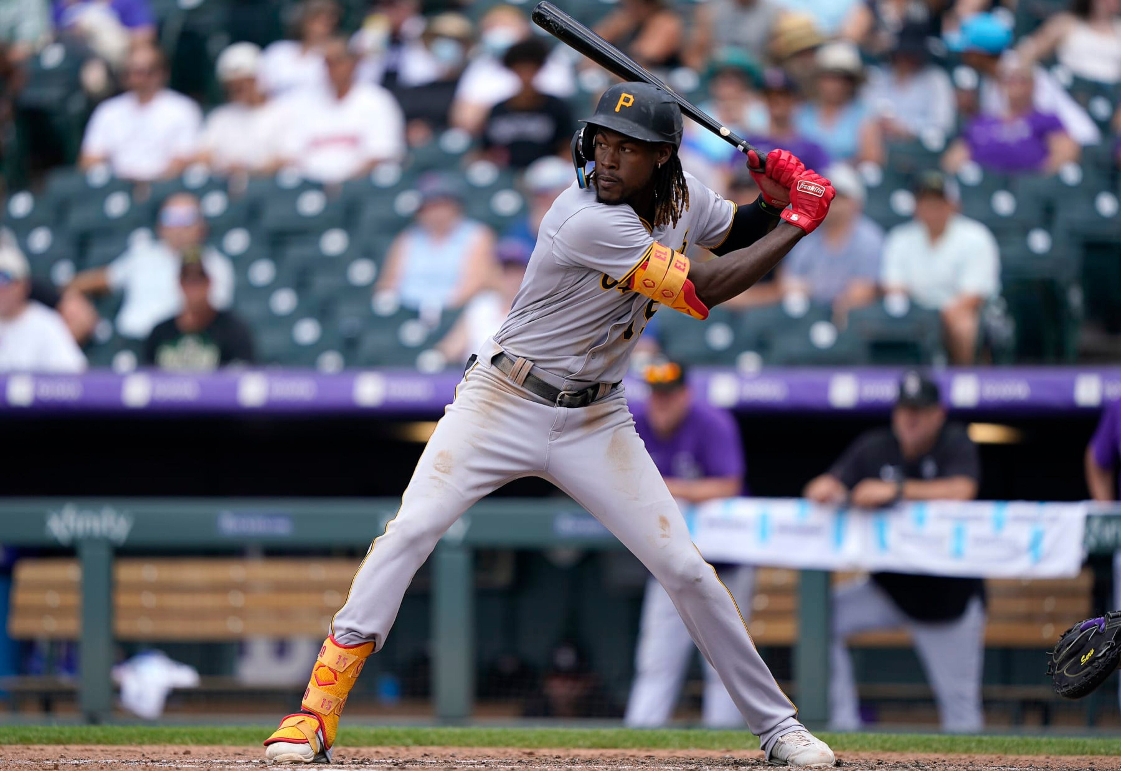 DENVER, COLORADO - JULY 16: Oneil Cruz #15 of the Pittsburgh Pirates bats against the Colorado Rockies in the top of the six inning at Coors Field on July 16, 2022 in Denver, Colorado. (Photo by Thearon W. Henderson/Getty Images)