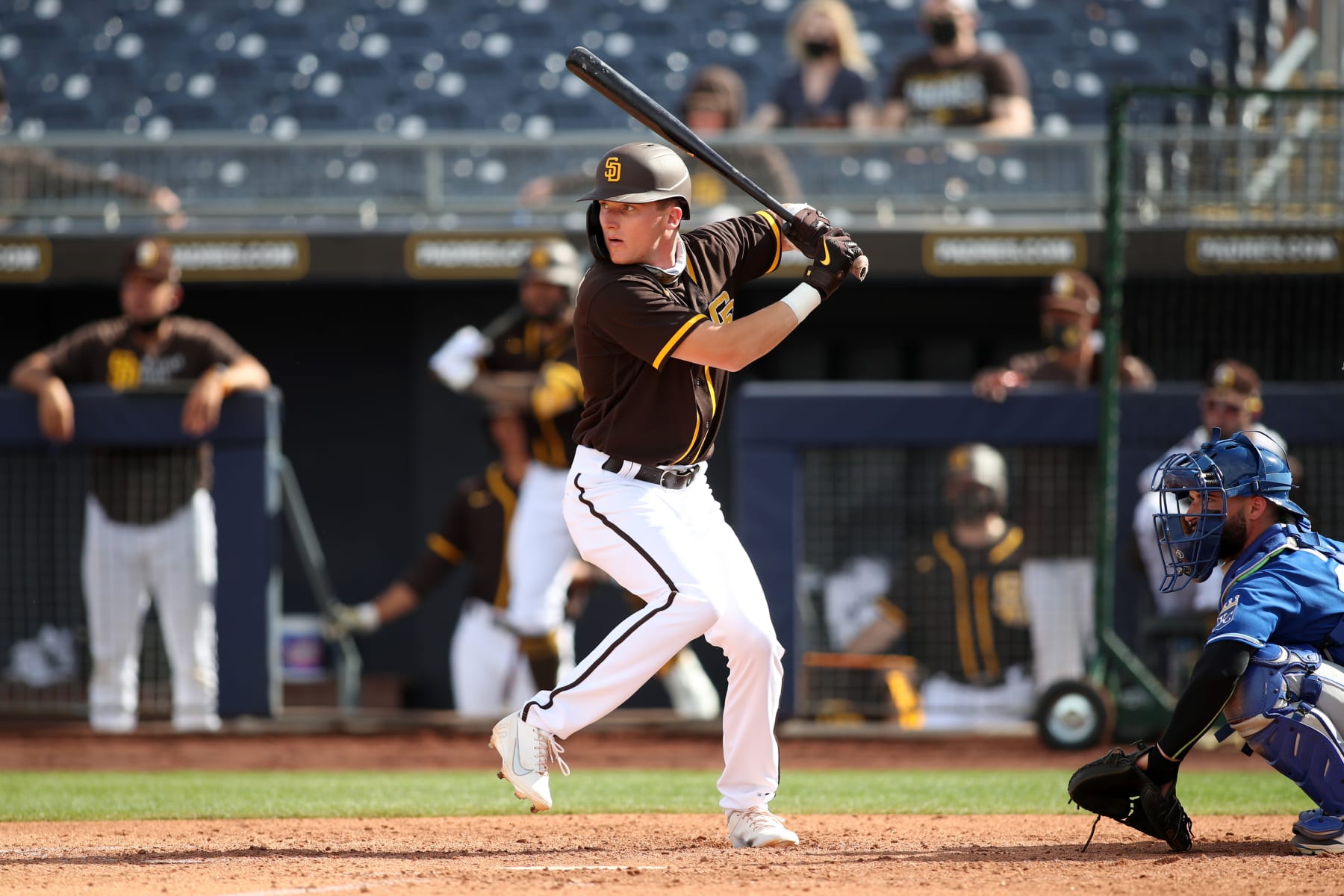 PEORIA, AZ - MARCH 7:  Robert Hassell III #90 of the San Diego Padres bats during the game against the Kansas City Royals at Peoria Stadium on March 7, 2021 in Peoria, Arizona. The Royals defeated the Padres 4-3. (Photo by Rob Leiter/MLB Photos via Getty Images)